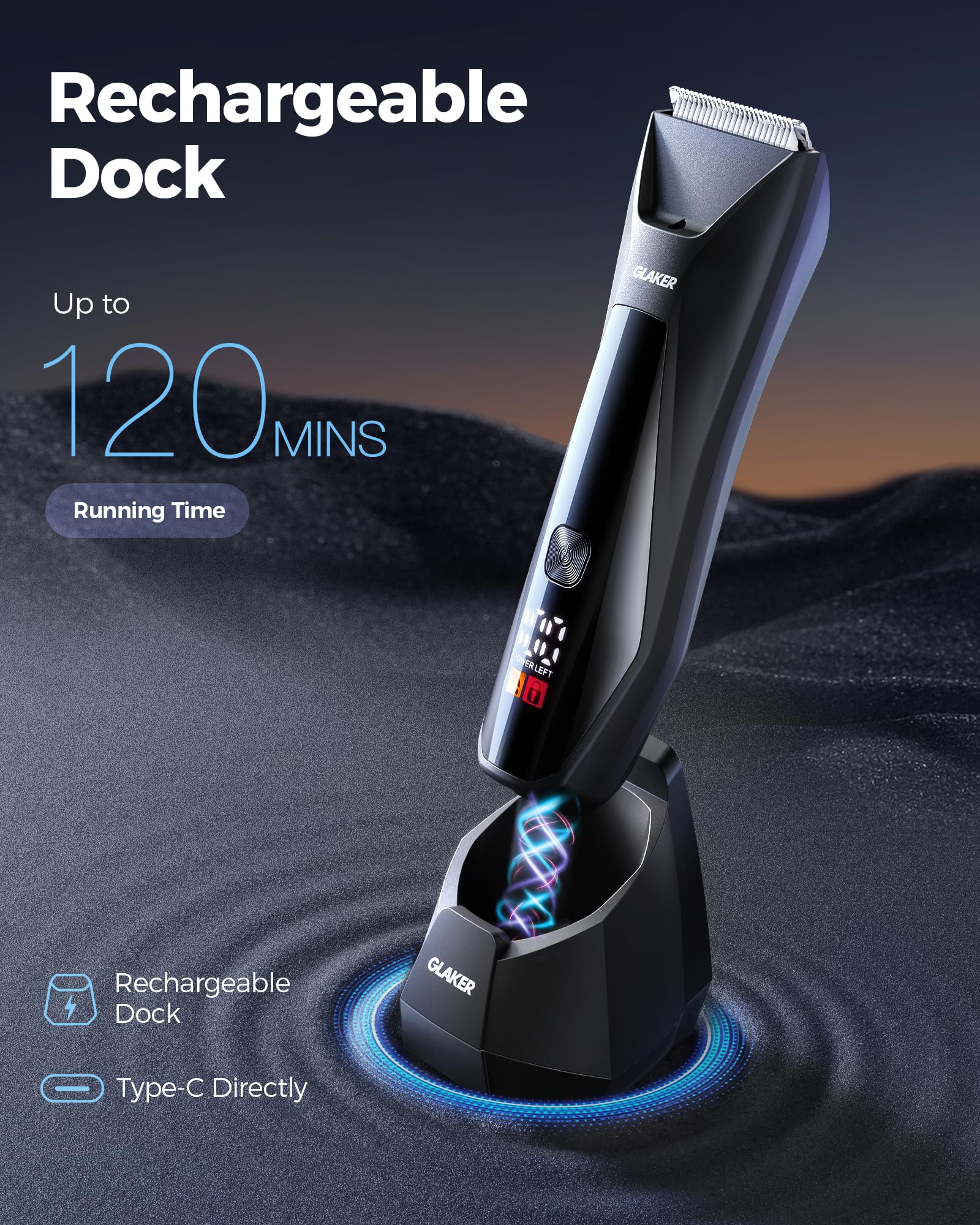 GLAKER 2-in-1 Men's Ball Trimmer & Body Shaver - Dual Head Ceramic & Foil Blades for Pubic, Groin & Manscaping - IPX7 Waterproof Electric Hair Trimmer (Black) - Perfect for Travel, Gym & Home Grooming