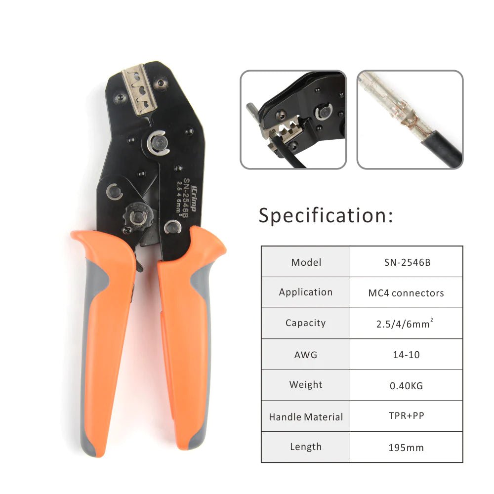 SN 2546B Solar PV Connector Crimping Tool for AWG14-10 (2.5/4/6mm²) Wires - Professional Solar Panel Cable Crimper for MC4 Connectors - Ideal for Solar System Installation & Maintenance