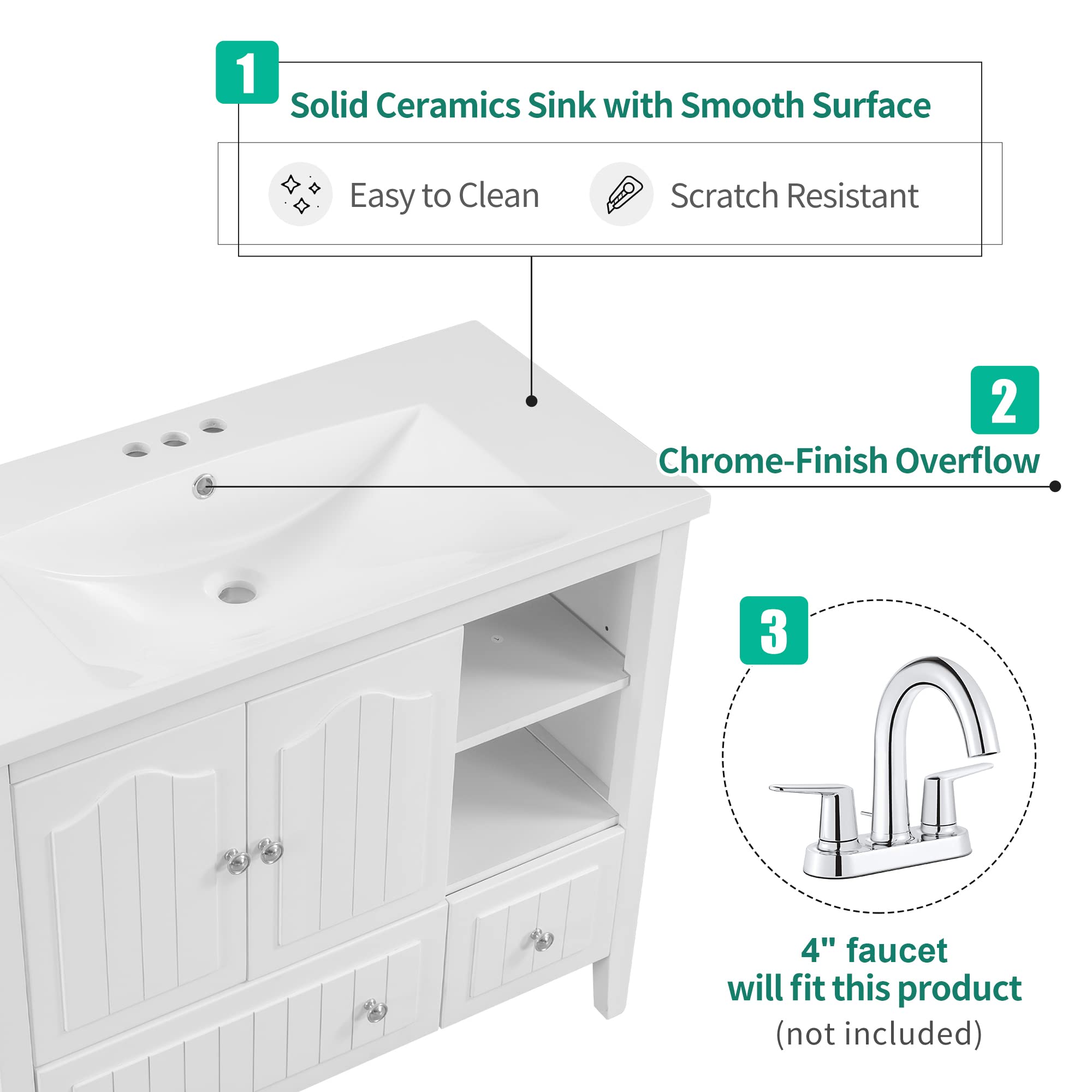 Merax 36 Inch Single Bathroom Vanity Top with White Ceramic Sink - 3 Faucet Holes, White Finish for Modern Bathroom Renovation | Perfect for Small Bathrooms, Powder Rooms & Guest Bath Installations