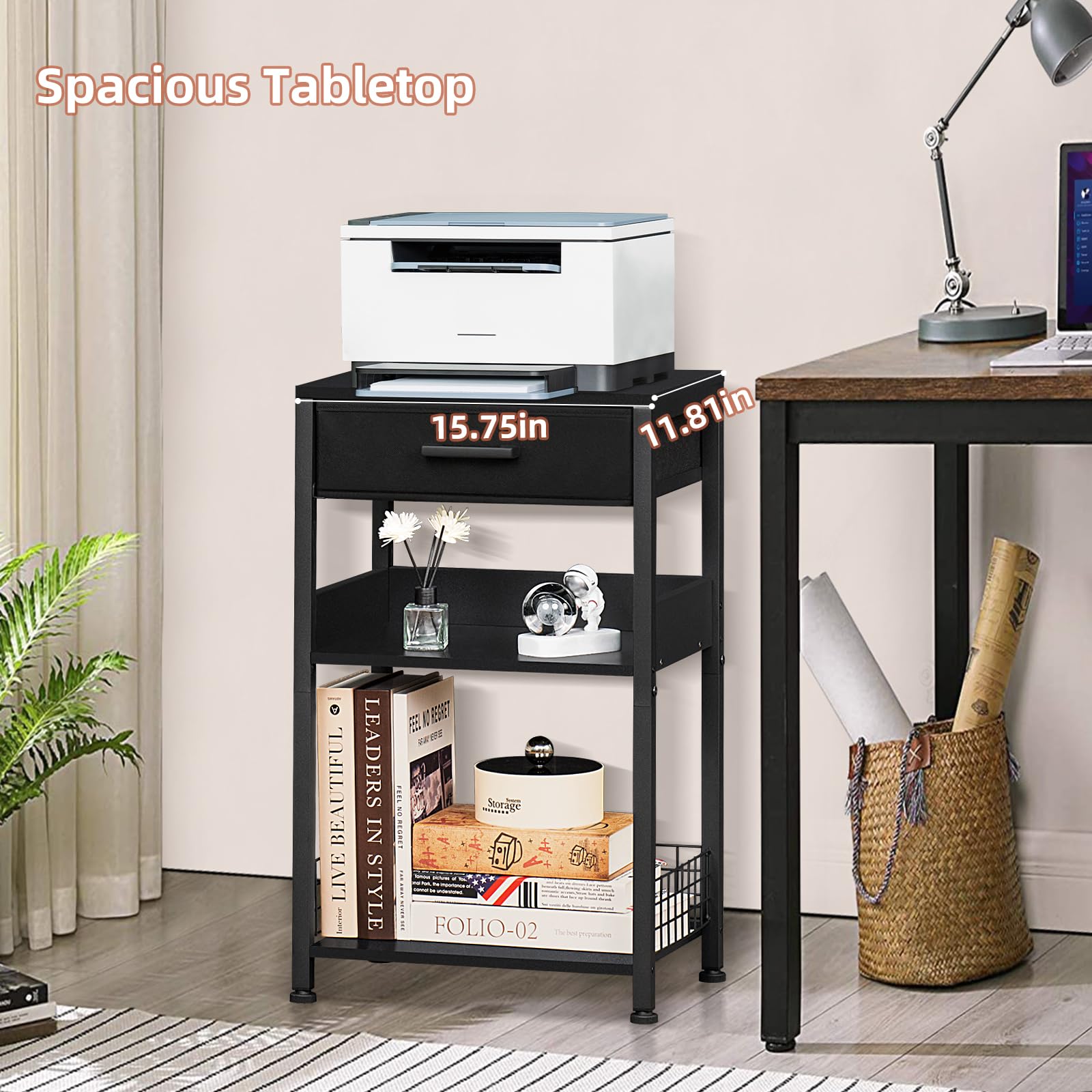 Lerliuo 3-Tier Industrial Printer Stand with Fabric Drawer - Pure Black Wooden Printer Table with Storage Shelf, Modern Tall End Table & Nightstand for Home Office - Perfect for Scanner, Fax Machine & Small Spaces Organization