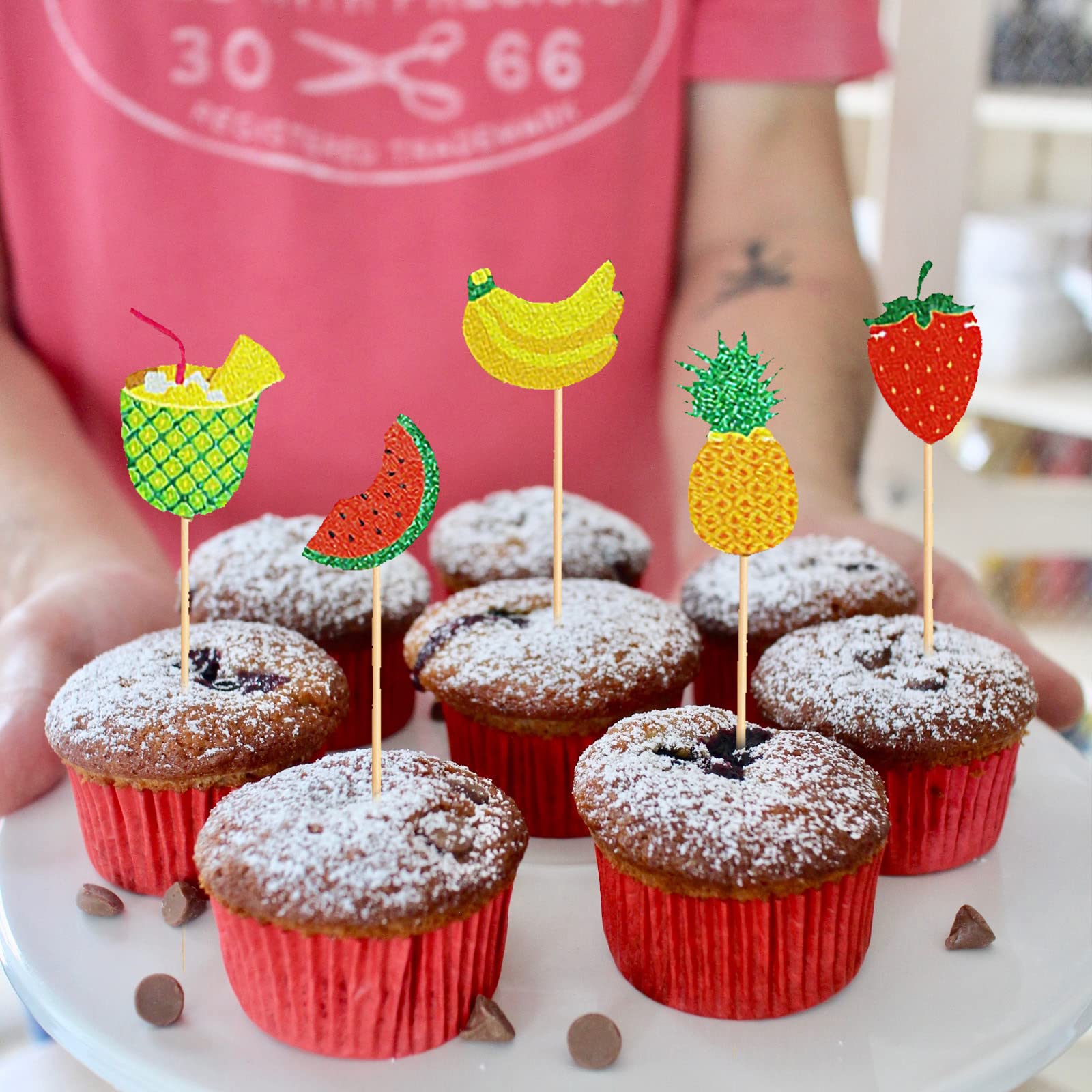 6Pcs Happy Birthday Cake Toppers - Glitter Cupcake Toppers Picks with Summer Fruit Theme - Party Cake Decorations for Birthday, Baby Shower & Anniversary - Perfect for DIY Desserts and Celebration Cakes