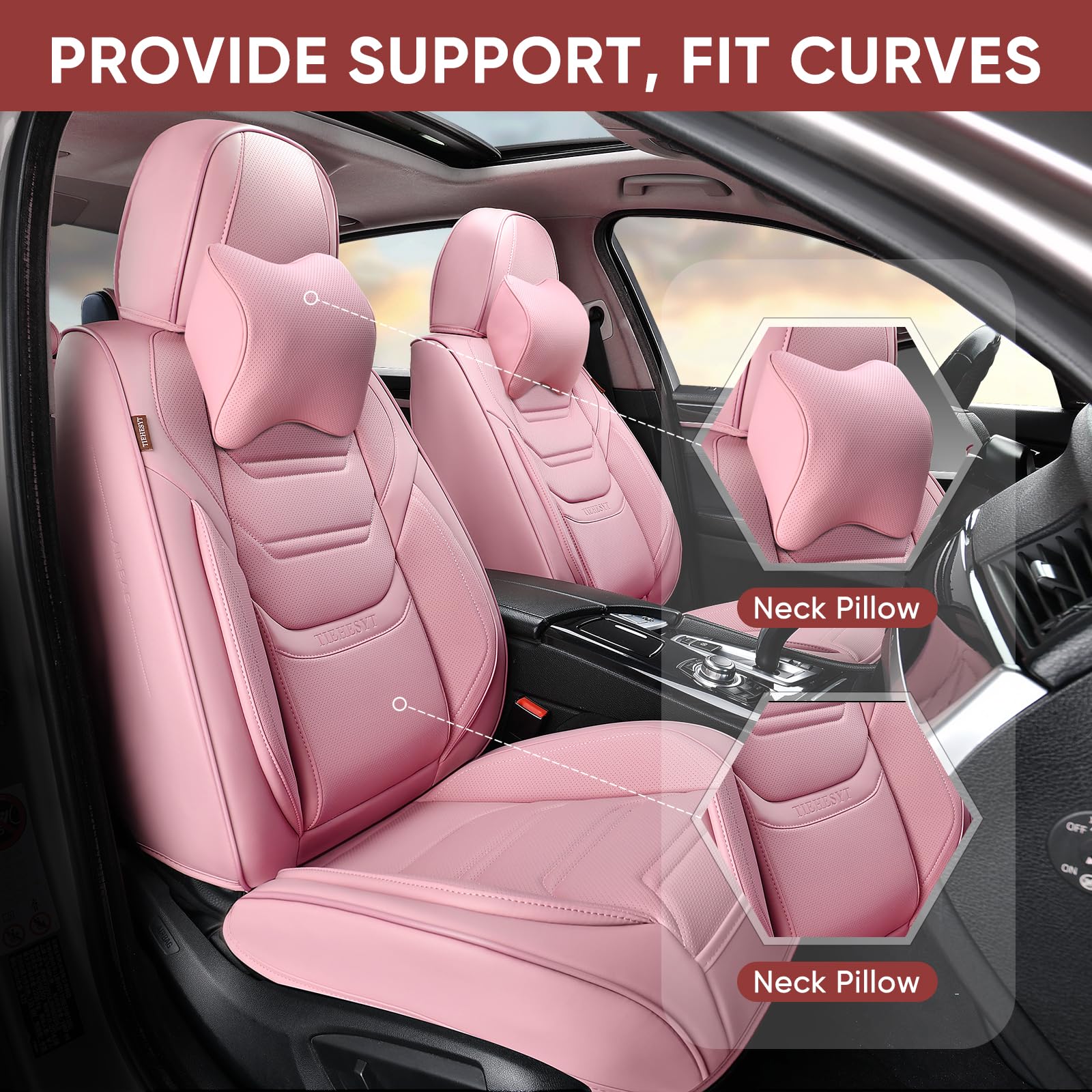Pink Car Seat Covers Front Pair - Breathable Leather Auto Seat Protectors with Headrest | Universal Fit for Sedans, SUVs & Pickup Trucks | Perfect for Daily Commute, Road Trips & Family Travel