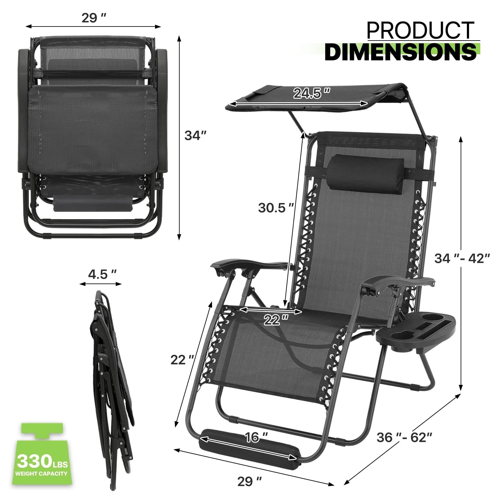 Magshion Oversized Zero Gravity Lounge Chairs Set of 2 with Adjustable Canopy - Foldable Patio Recliners with Footrest - 29 Inch Outdoor Relaxation Chairs in Black - Perfect for Backyard, Poolside & Beach Use
