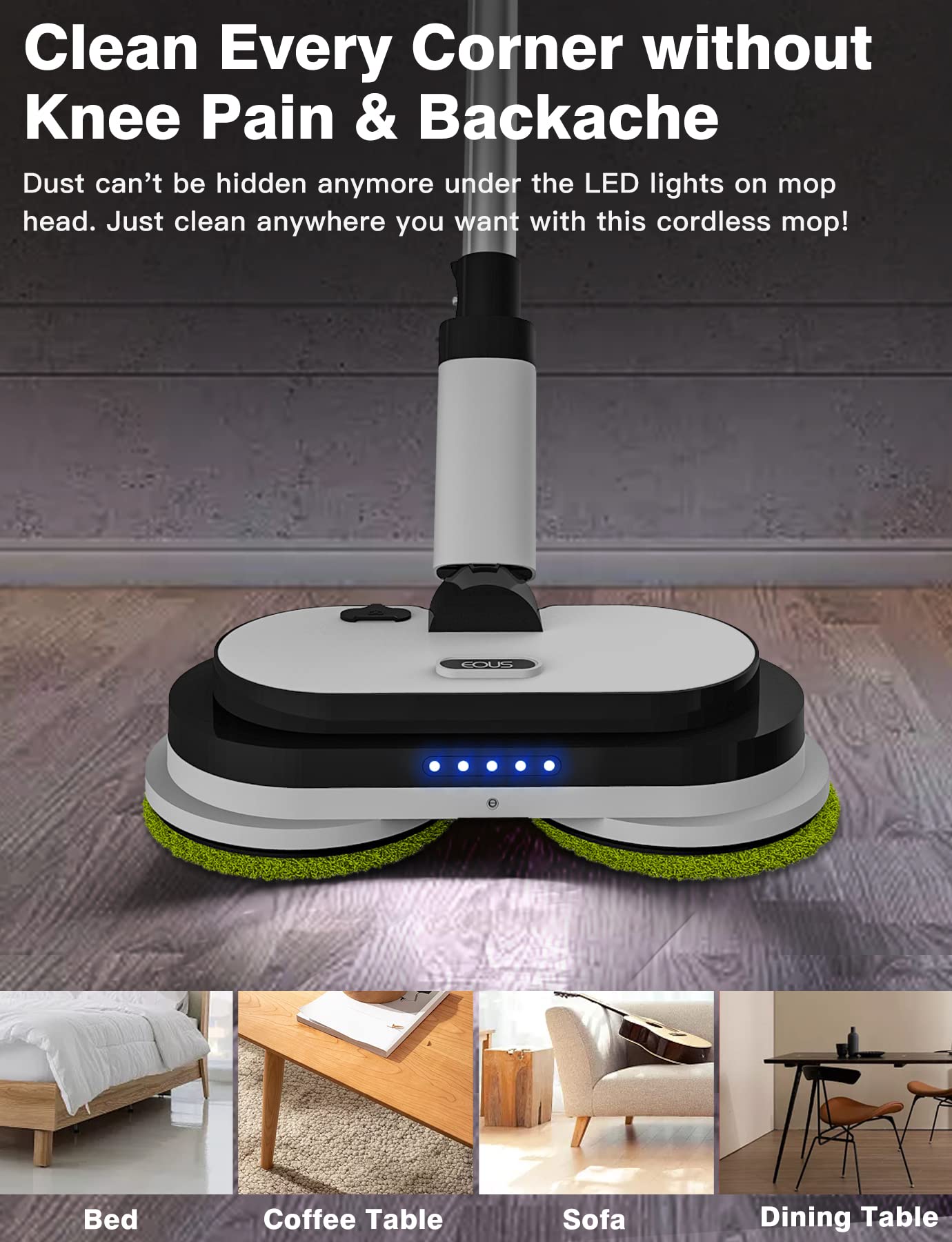 EOUS Cordless Electric Spin Mop - Powerful Dual-Motor Floor Cleaner with LED Headlight, 300ML Water Tank & Detachable Battery (60 Min Runtime) - Self-Propelled for Hardwood, Tile & Multi-Surface Floors - Perfect for Home Cleaning, Kitchen & Bathroom Maintenance