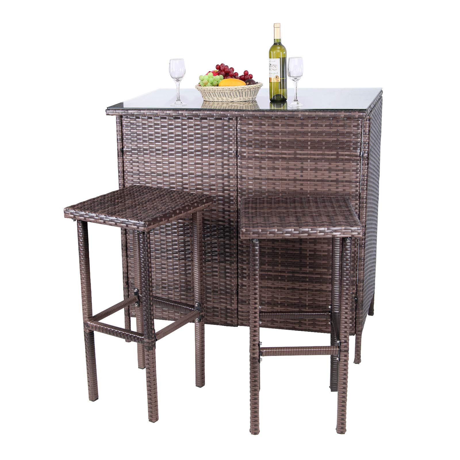 3PCS Outdoor Patio Bar Set with Stools & Glass Top Table - Beige Wicker Furniture with Removable Cushions for Backyard, Porch, Garden, Poolside - Perfect for Outdoor Entertaining & Relaxation