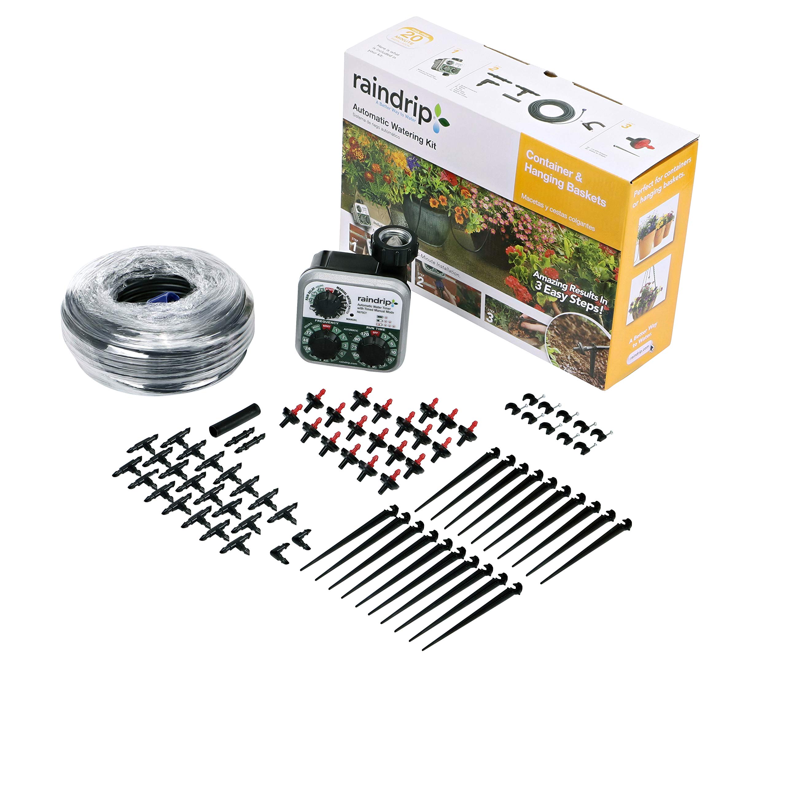 Raindrip R560DP Automatic Drip Irrigation Kit with Timer - Adjustable Watering System for 20 Plants, Includes 20 Drippers - Perfect for Containers, Hanging Baskets, Potted Plants & Garden Beds (Black)