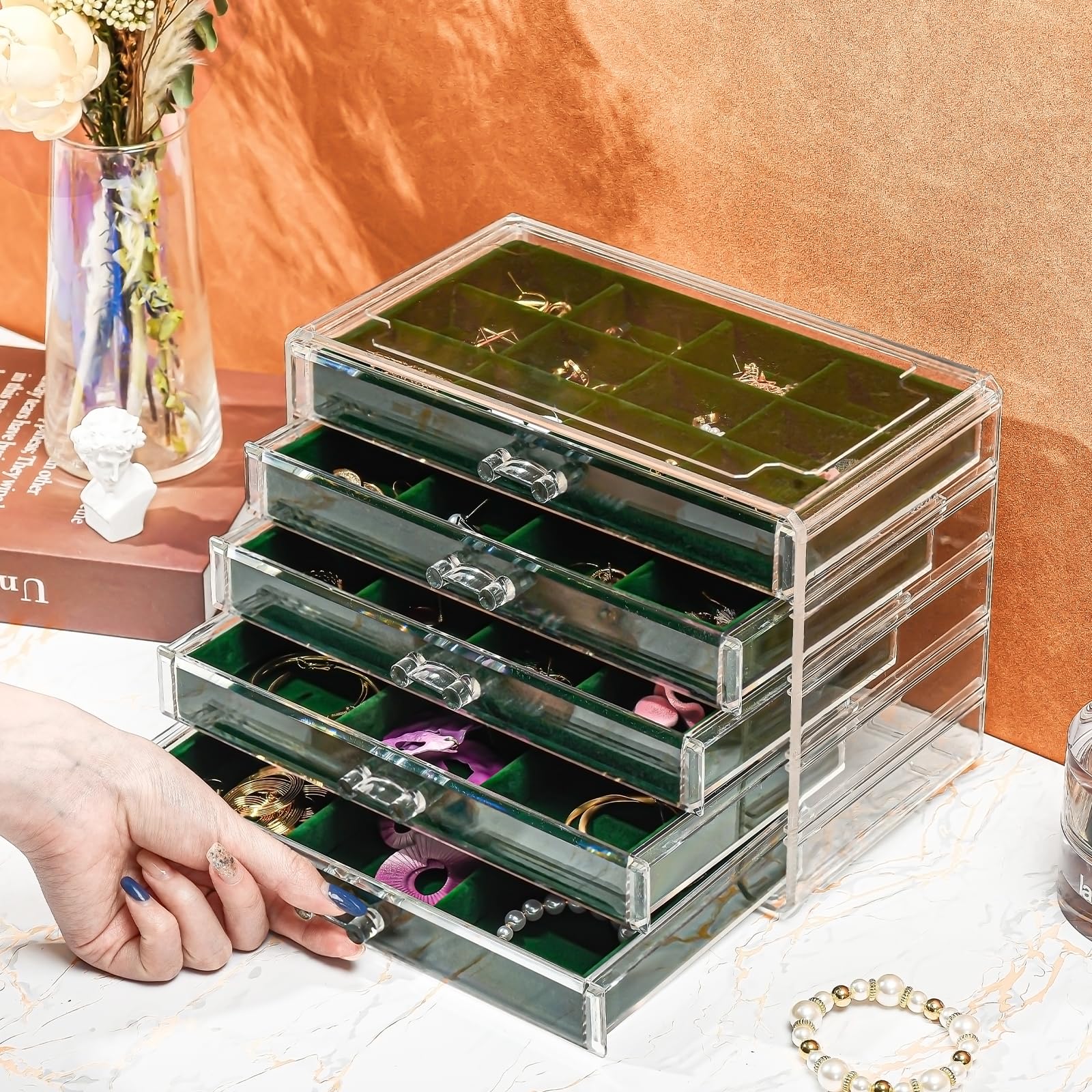ProCase 5-Drawer Acrylic Jewelry Organizer Box with Adjustable Velvet Trays - Clear Earring Holder for Women (Emerald Green) | Perfect for Bedroom Vanity, Closet Storage & Travel Jewelry Case