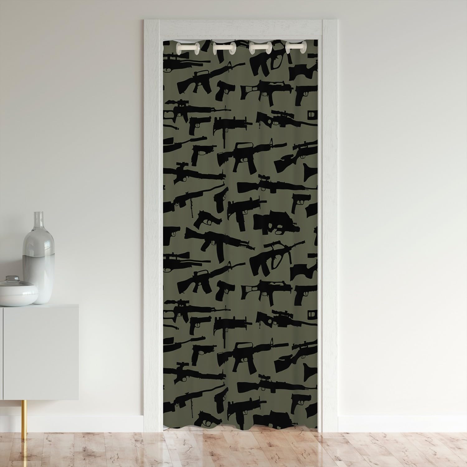 Military Theme Machine Guns Door Curtain for Boys & Men - Army Rifle Pattern Closet Drape 34x80 Inches - Army Green Black Doorway Curtain for Bedroom, Living Room, Game Room & Man Cave Decor