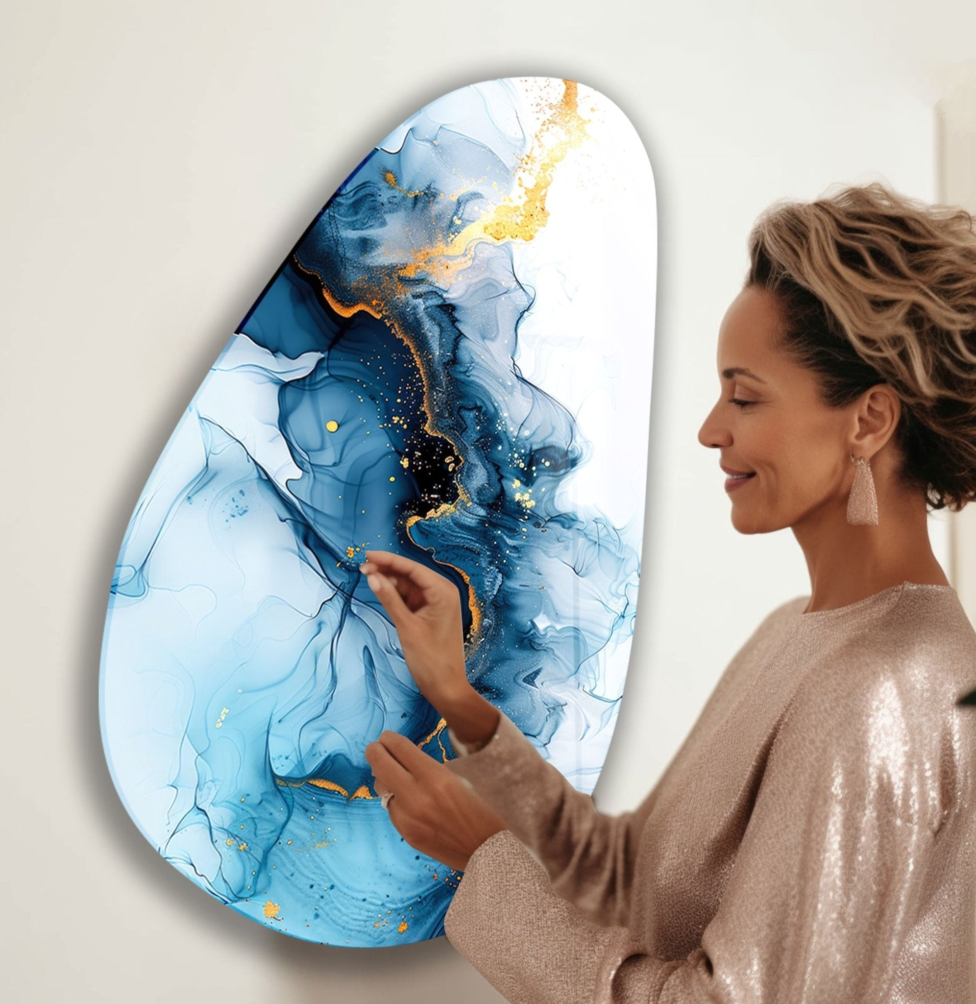 Abstract Blue Marble Glass Wall Art - Handmade Asymmetrical Oval Design for Modern Home & Office Decor