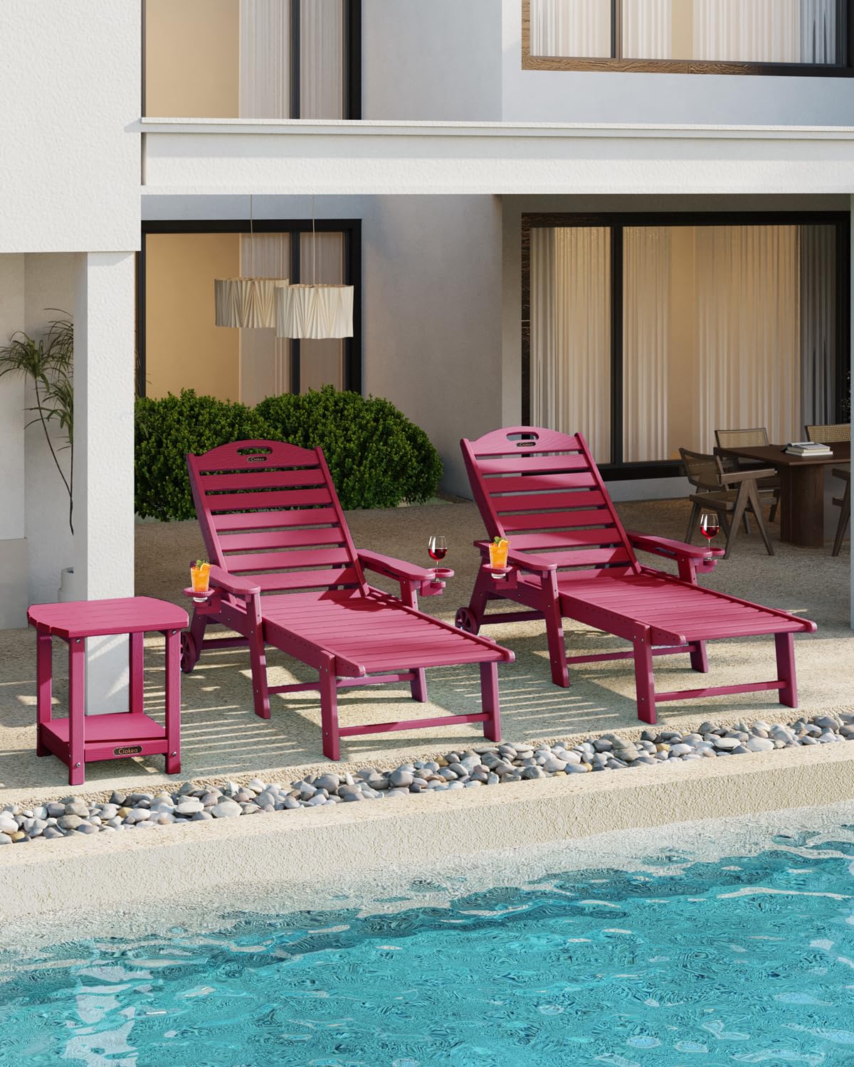 5-Position Adjustable Outdoor Chaise Lounge Chair with Wheels & Double Cup Holders - Wood Texture Patio Lounge for Poolside, Backyard, Beach - Perfect for Sunbathing & Relaxing (Red)