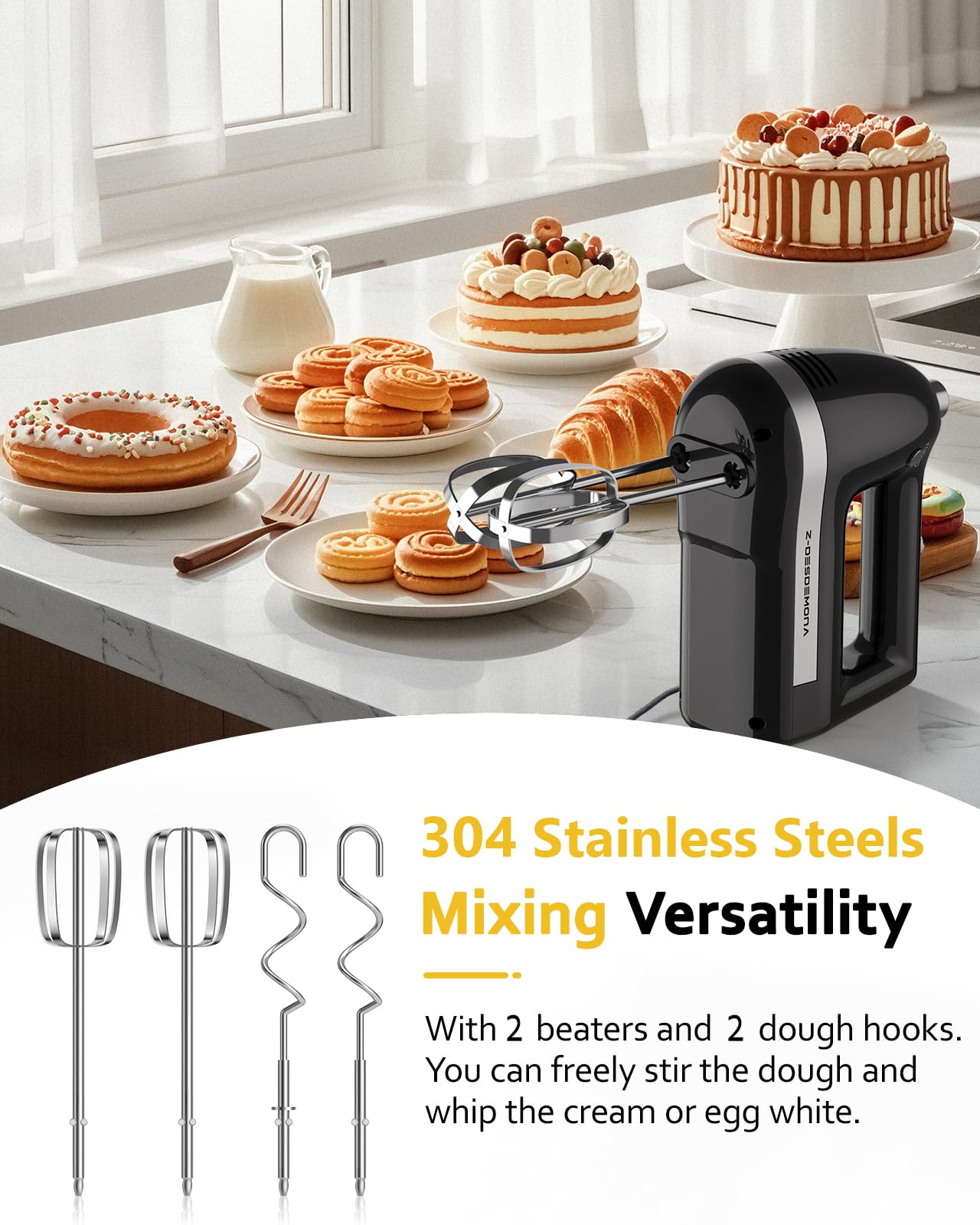 300W Powerful Electric Hand Mixer with 304 Stainless Steel Beaters & Dough Hook - Turbo Handheld Mixer for Baking Cakes, Whipping Eggs, Cream - Perfect for Home Kitchen & Professional Bakers (Black)
