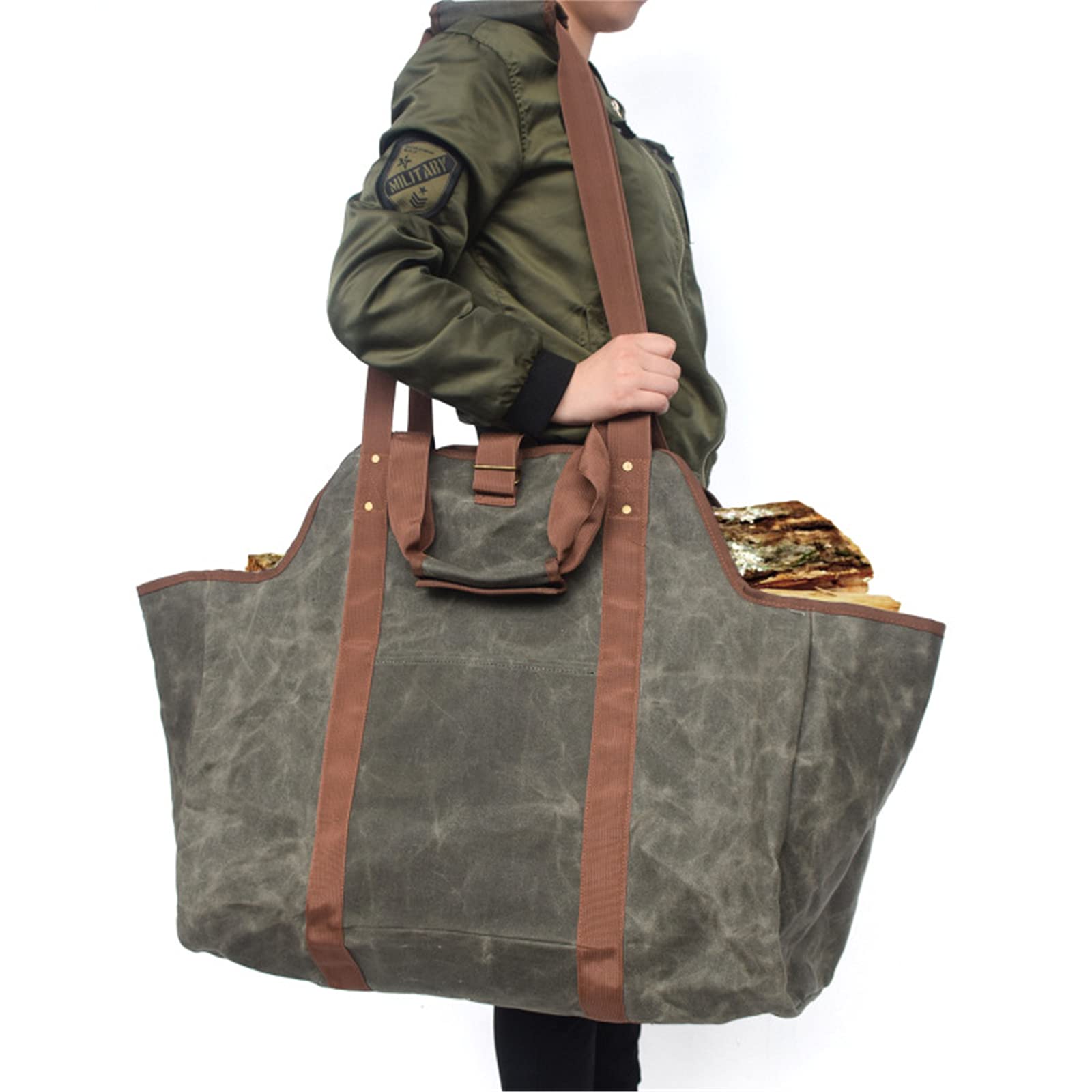Heavy Duty Waxed Canvas Firewood Log Carrier Tote Bag - Extra Large Durable Waterproof & Dustproof Firewood Holder - Perfect for Fireplace, Camping, and Outdoor Wood Storage