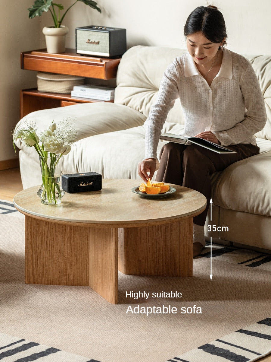 Solid Oak Wood Travertine Coffee Table - Rustic Modern Living Room Furniture for Home Decor & Lounge Use
