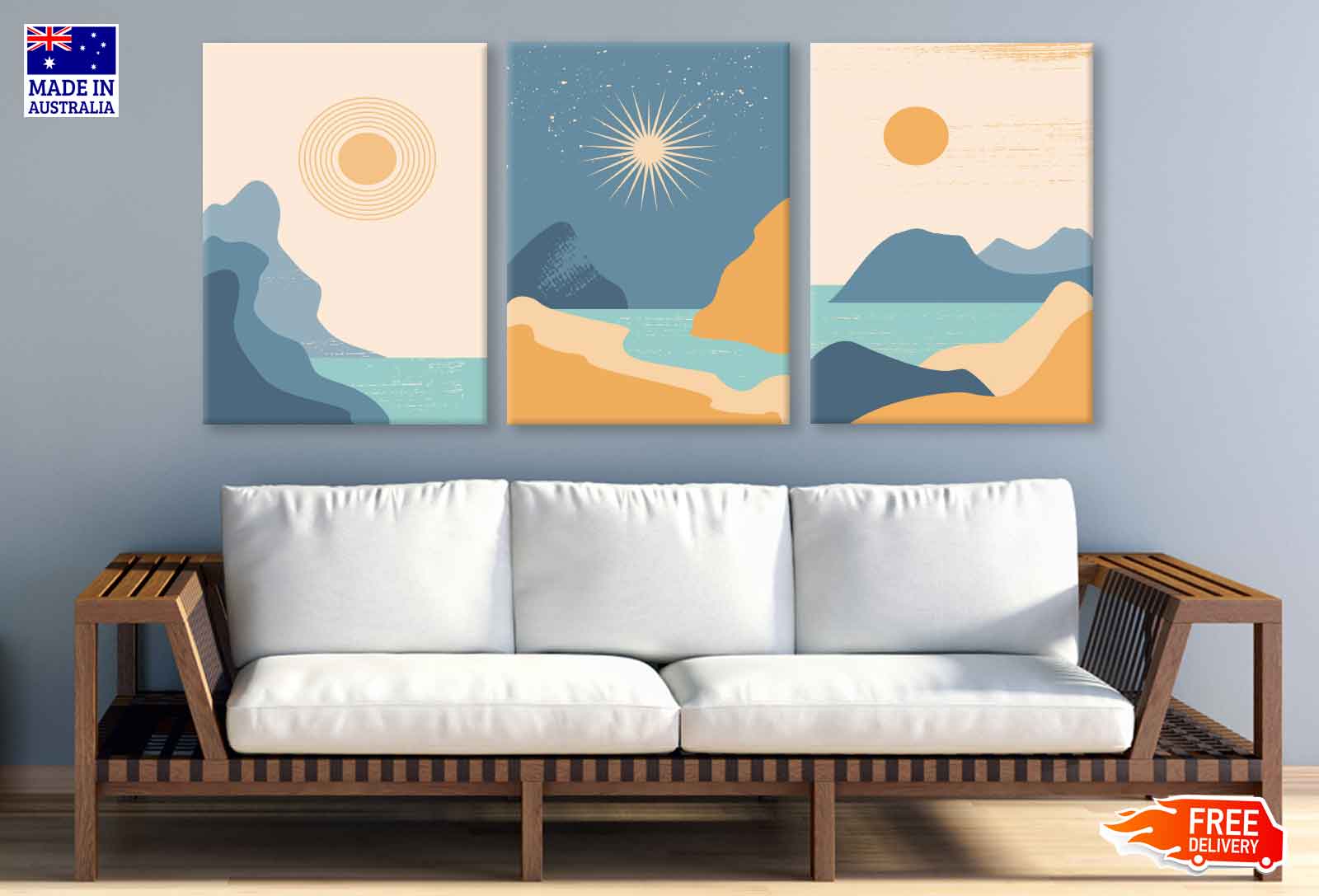3-Piece Sea Sky Mountain Vector Art Canvas Prints - High Quality Australian Made Wall Decor - Ready to Hang for Living Room, Bedroom & Office