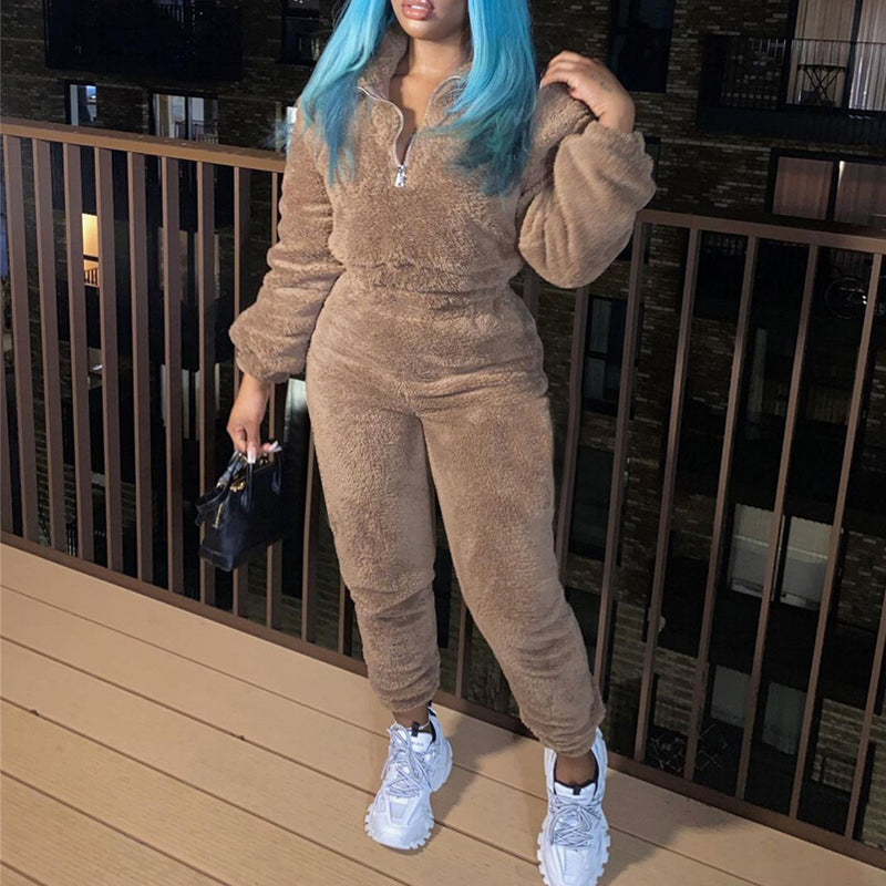 Cozy Fleece Two-Piece Tracksuit Set for Women - Soft Plush Neckline Jogger Outfit | Lounge, Yoga, Travel & Casual Wear