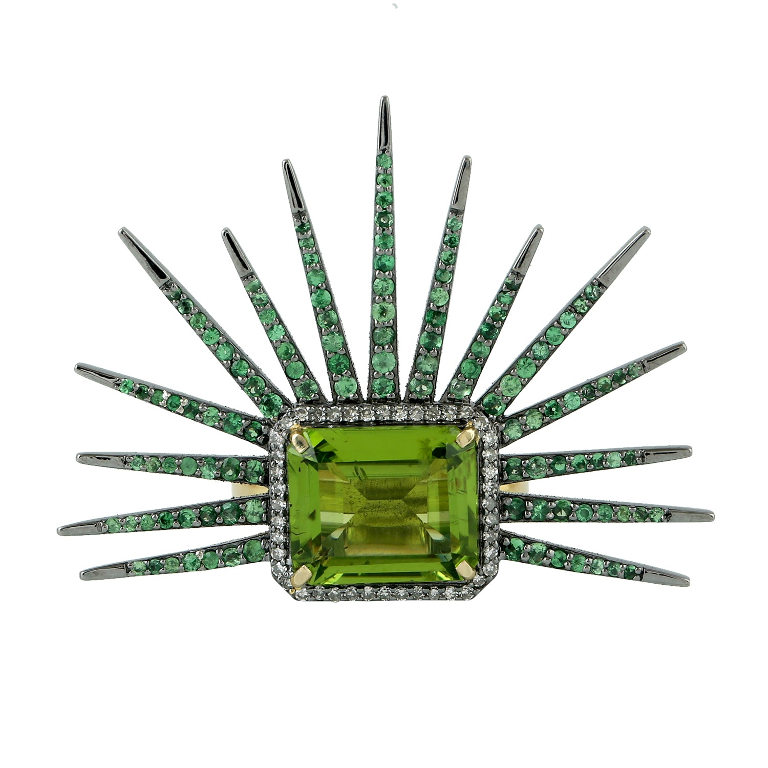 Baguette Cut Peridot Pave Tsavorite Diamond Statement Ring - 925 Sterling Silver Jewelry for Women | Elegant Cocktail Ring for Parties, Weddings & Special Occasions