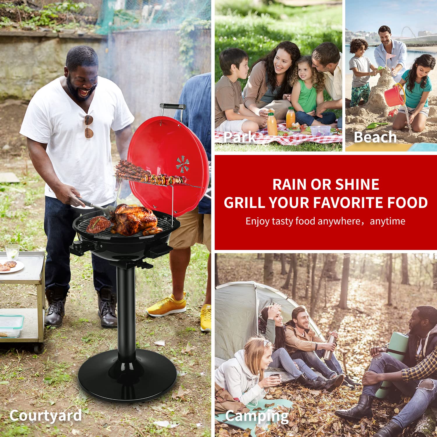 Techwood 1600W Electric BBQ Grill - 15-Serving Indoor/Outdoor Grill with Double Layer Design & Portable Stand (Red) - Perfect for Backyard Parties, Camping, and Apartment Balcony Cooking