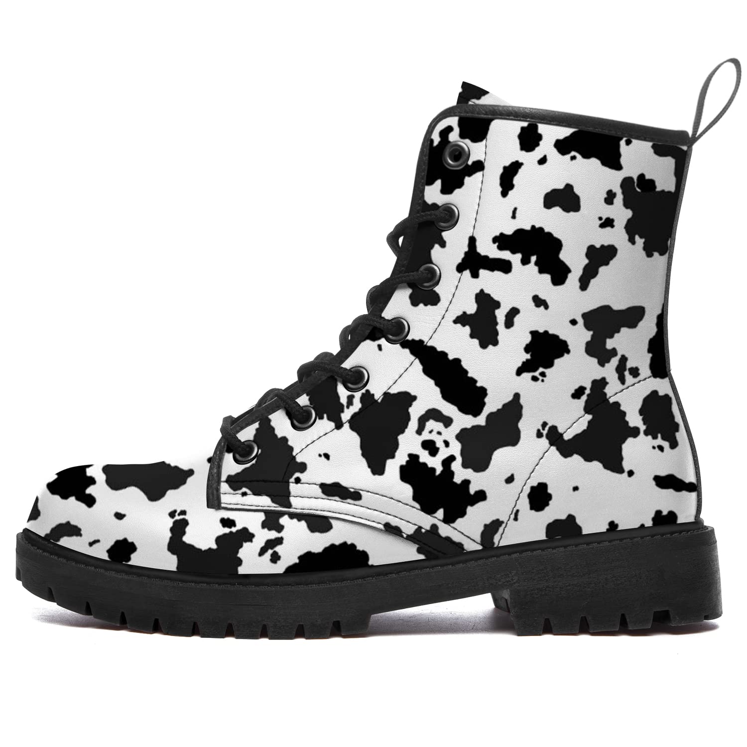 Waterproof Cow Print Combat Boots for Women & Men - Anti-Slip Platform Lace Up Booties - Fashionable Cowhide Design for Outdoor, Streetwear & Gift Giving