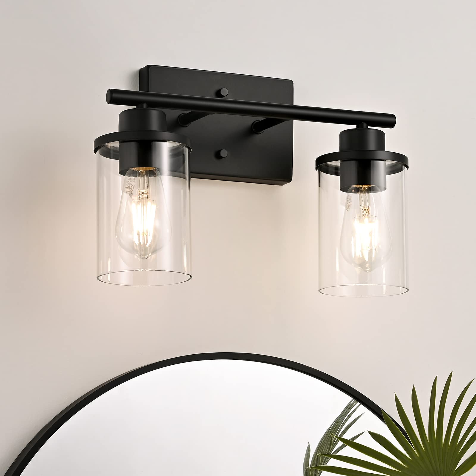 EDISHINE 2-Light Bathroom Vanity Light Fixture with Clear Glass Shades, Matte Black Vintage Wall Sconce - E26 Base (Bulbs Not Included) - Perfect for Bathroom, Bedroom, Living Room & Hallway Lighting