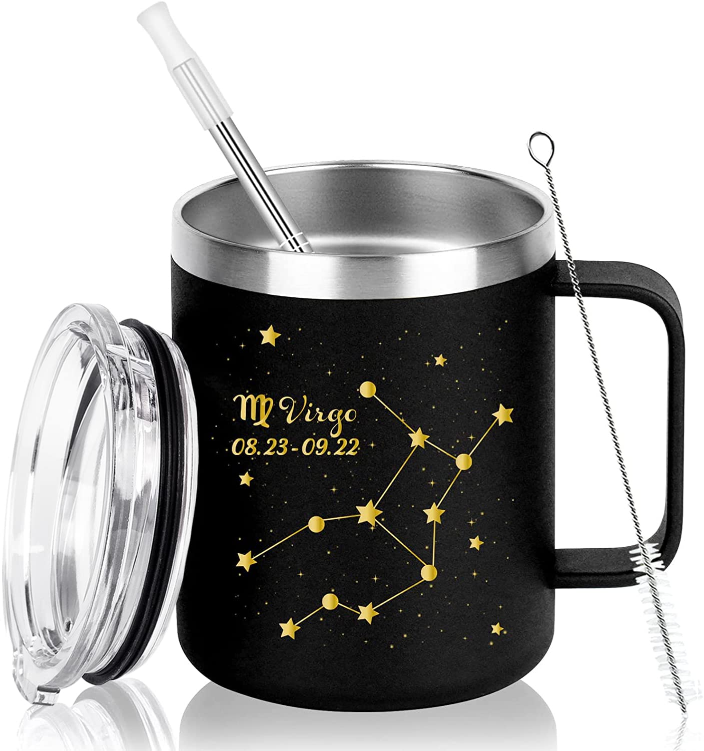 Virgo Tumbler for Women & Men - 12Oz Insulated Stainless Steel Coffee Mug - Zodiac Gift for Virgo Birthday (August/September) - Perfect Constellation Present for Astrology Lovers, BFF, Family & Coworkers - Black - Great for Office, Travel & Daily Coffee/Tea Use
