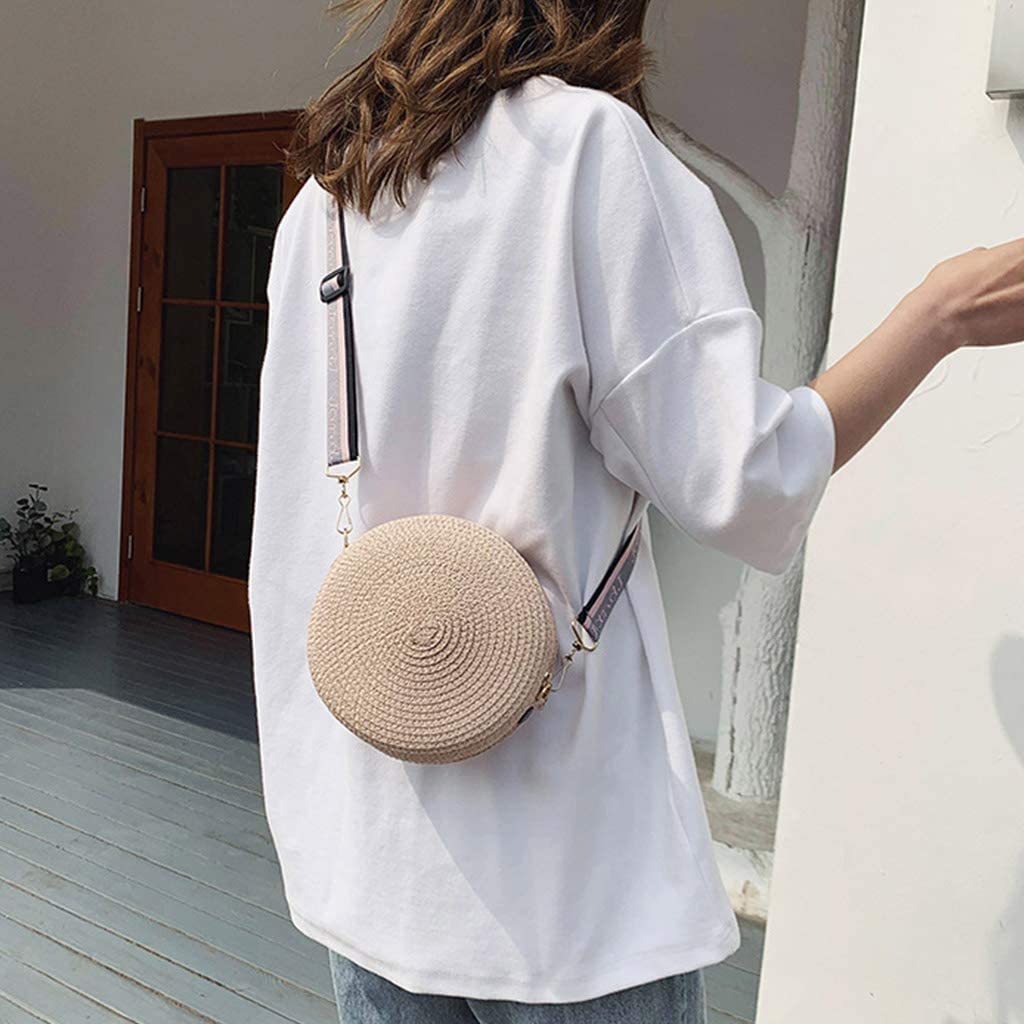 Hand-Woven Straw Beach Bag for Women - Fashion Round Shoulder Tote, Summer Crossbody Straw Weave Bag in Pink | Perfect for Beach Outings, Pool Parties & Vacation Getaways