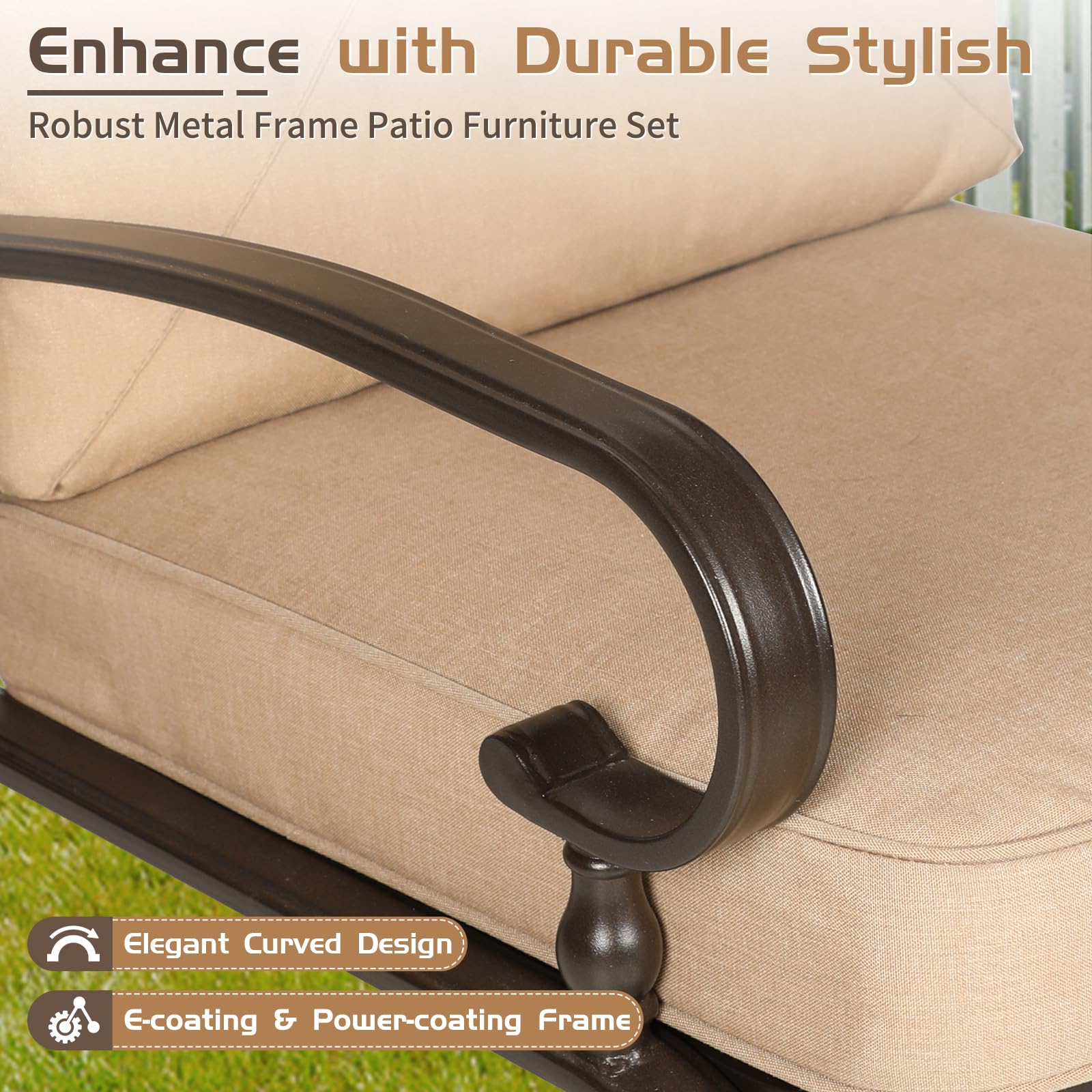 Oakcloud 7-Piece Wrought Iron Outdoor Patio Furniture Set with Cushions - Loveseat, Coffee Table, Bistro Table, 2 Spring Chairs & 2 Dining Chairs (Brown) - Perfect for Garden, Backyard, Poolside or Terrace Relaxation
