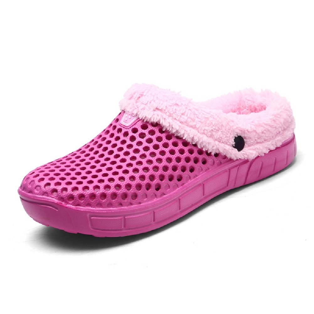 QISHENG Men's & Women's Fur-Lined Mules Clogs - Slip-On Garden Shoes, Warm Winter Slippers with Soft Fleece Lining | Indoor/Outdoor House Shoes for Comfort & Coziness (Rose Red)