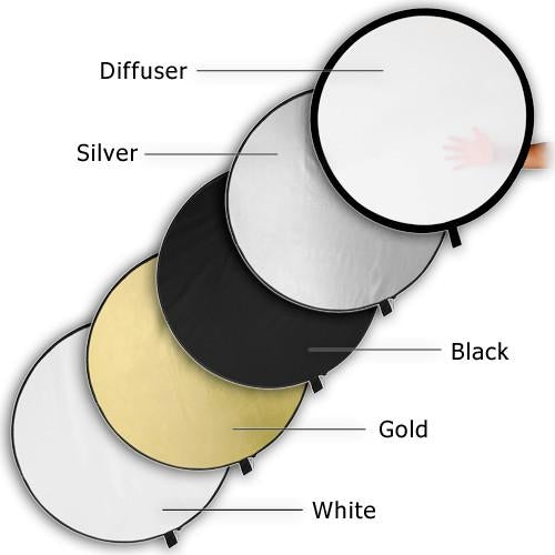 Fotodiox 5-in-1 Collapsible Reflector Disc - Professional Photography Light Modifier with Soft Silver, Gold, Black, White & Diffuser Panels (22