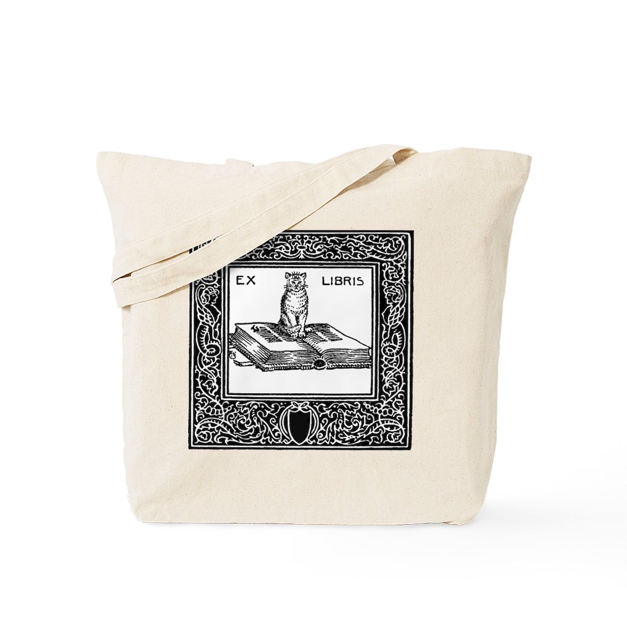 Ex Libris Cat and Book Tote Bag - Natural Canvas Reusable Shopping Bag for Book Lovers, Library Visits & Eco-Friendly Grocery Trips
