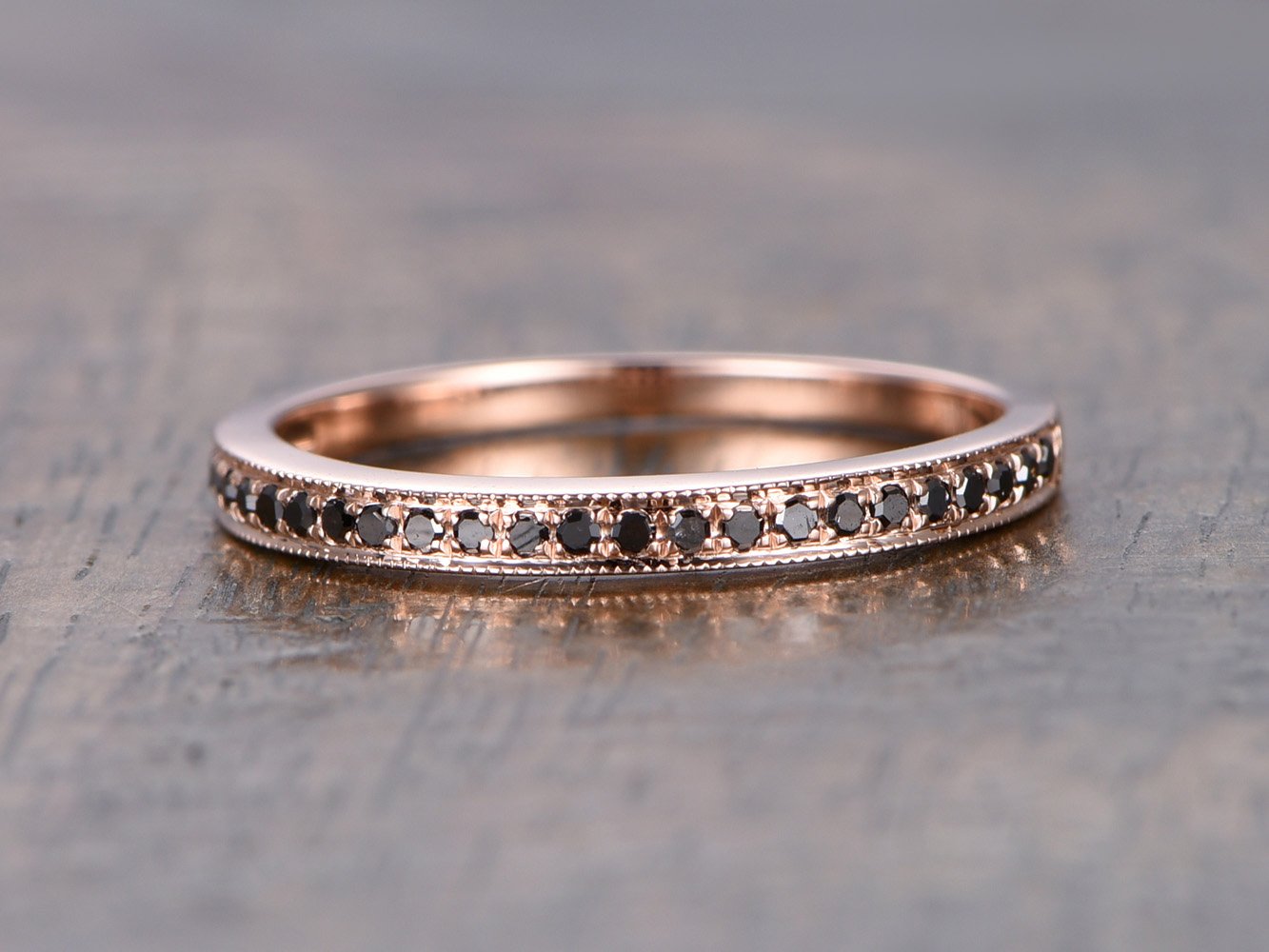 14K Rose Gold Black Diamond Wedding Band for Women - Half Eternity Ring with Milgrain Detailing | Elegant Bridal Jewelry & Anniversary Gift