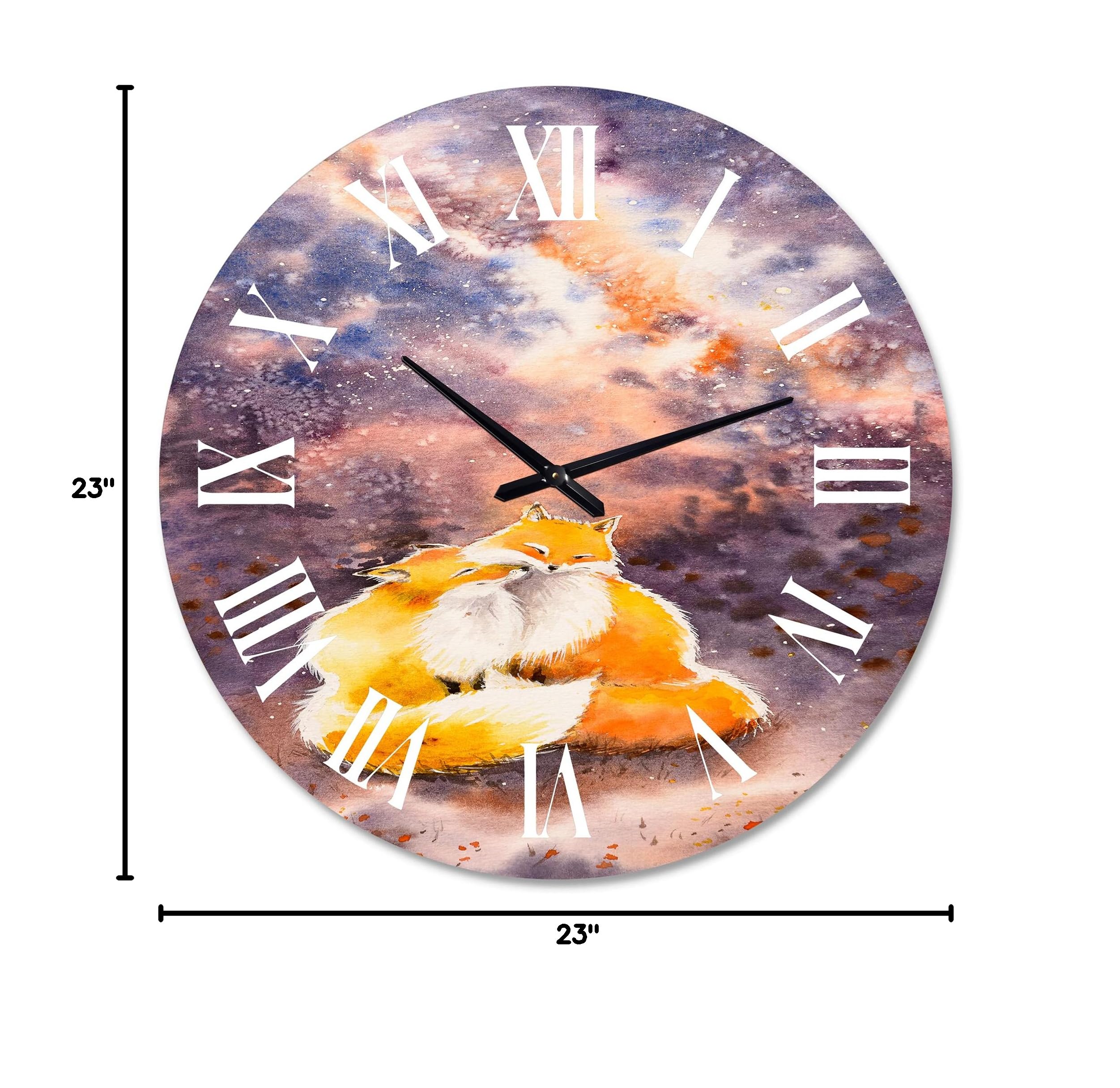 DesignQ Kids' Wall Clock - 'Hugging Foxes Under Night Sky' Animal-Themed Large Silent Non-Ticking Wall Clock for Nursery, Bedroom & Office Decor | Perfect Gift for Children's Room & Classroom