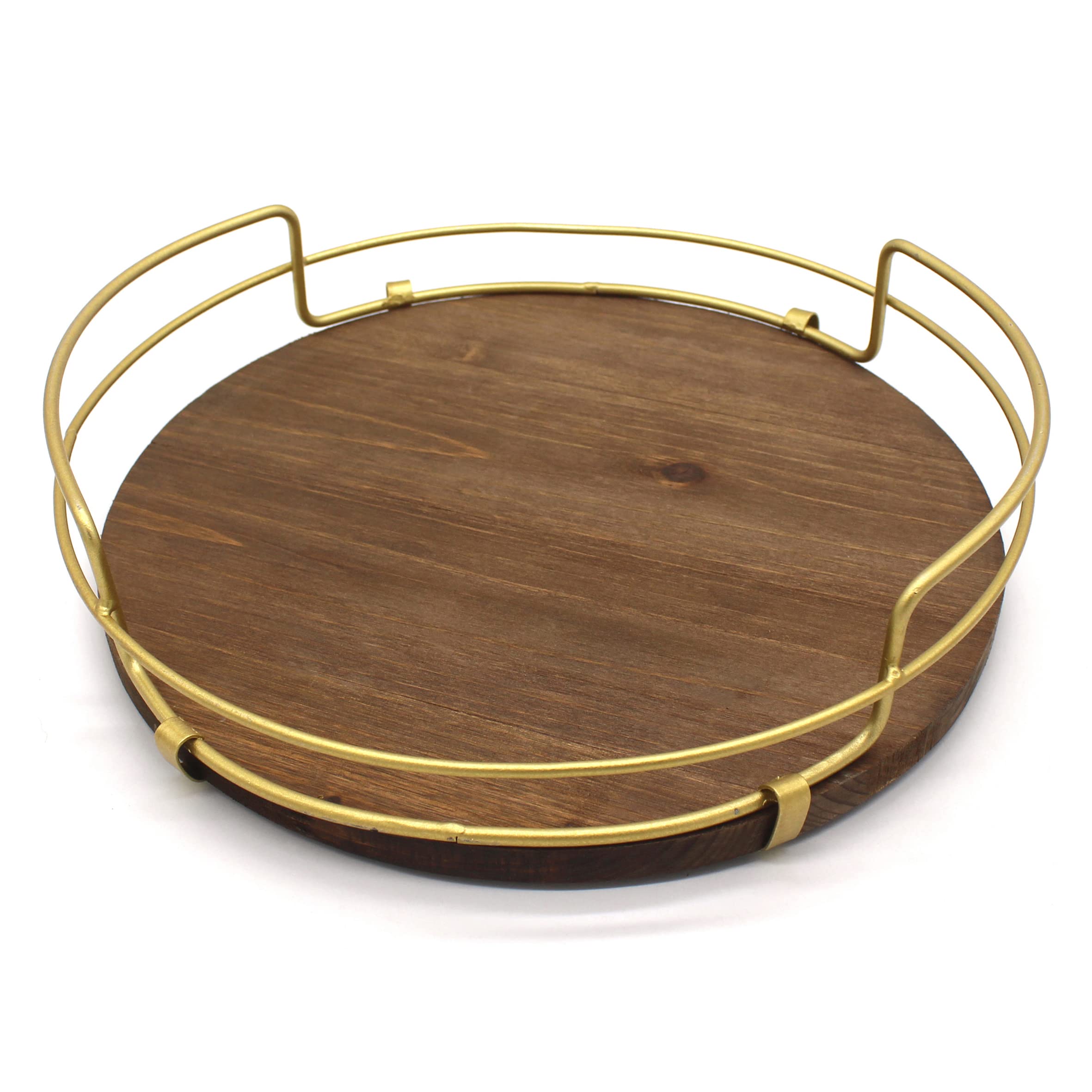 CVHOMEDECO Round Wood Serving Tray with Golden Metal Handles - Elegant Decorative Tray for Breakfast in Bed, Dining, Coffee Table & Party Serving | Perfect for Kitchen, Ottoman, BBQ & Home Decor