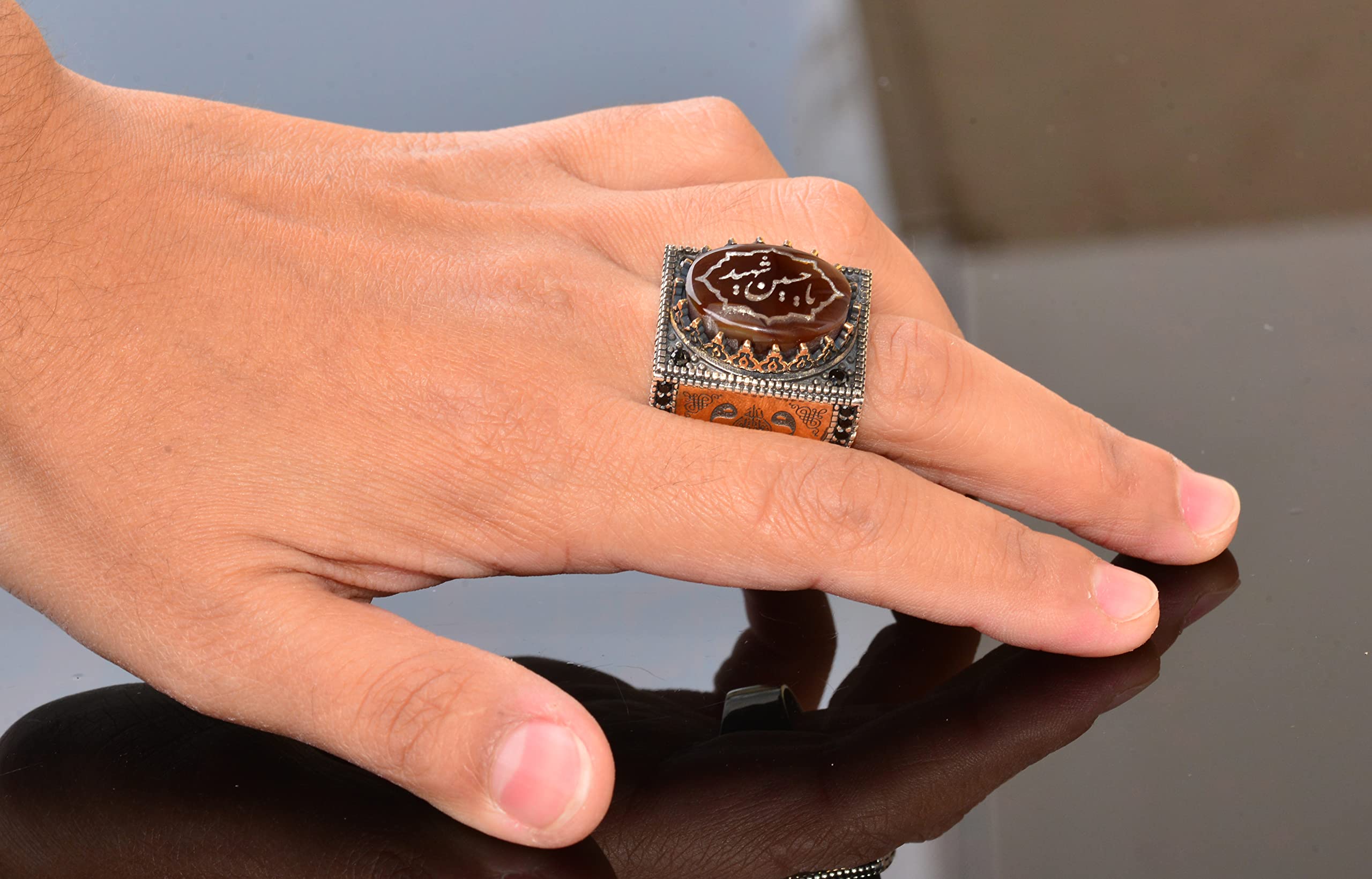 Natural Agate Gemstone Ring for Men - Sterling Silver Arabic Islamic Religious Jewelry Gift for Prayer, Eid, Wedding & Special Occasions