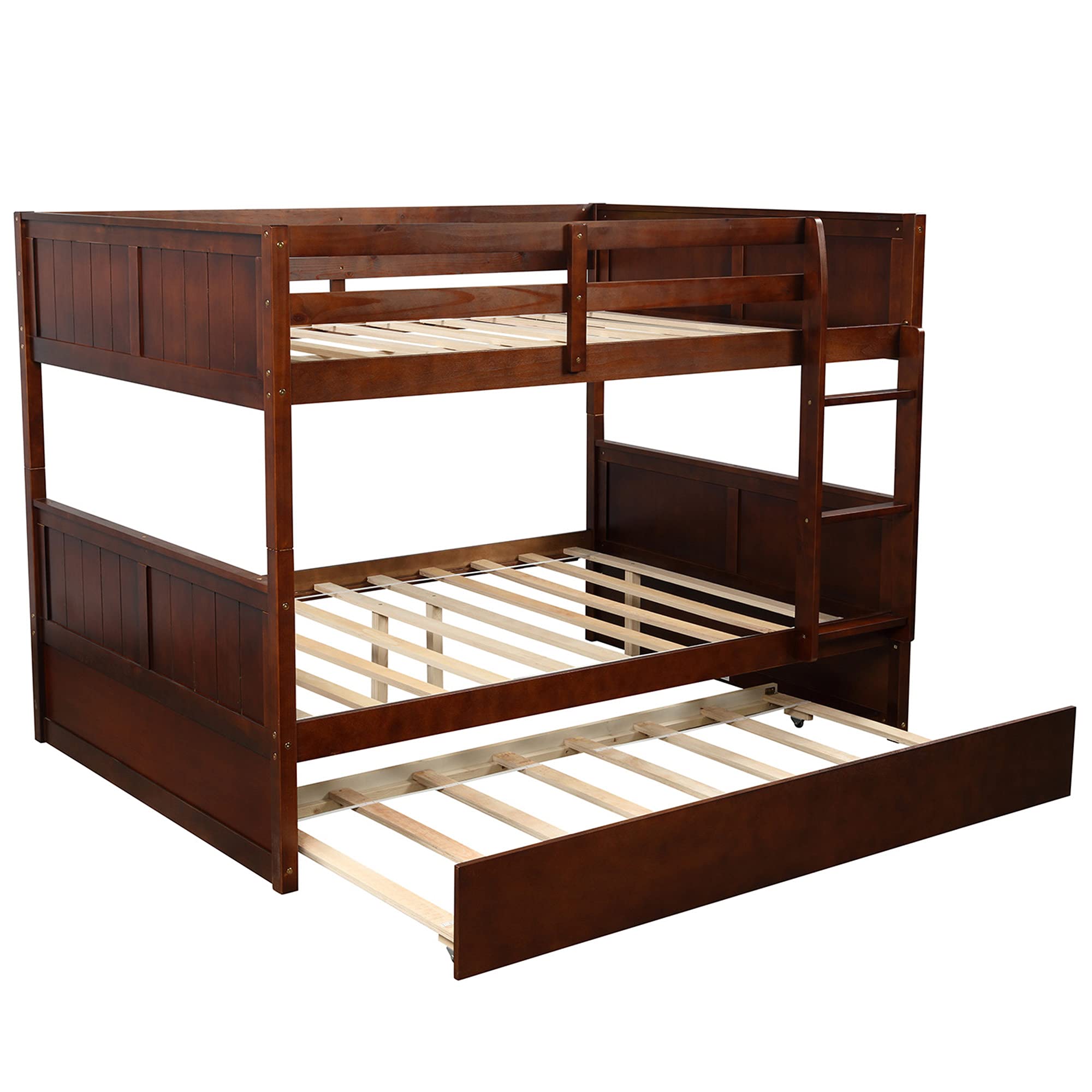P PURLOVE Full Over Full Bunk Bed with Twin Trundle - Solid Wood Bunk Bed Frame with Safety Rail & Ladder - Space-Saving Bunk Beds for Teens & Kids - No Box Spring Needed (Walnut) - Perfect for Small Bedrooms, Guest Rooms & Vacation Homes