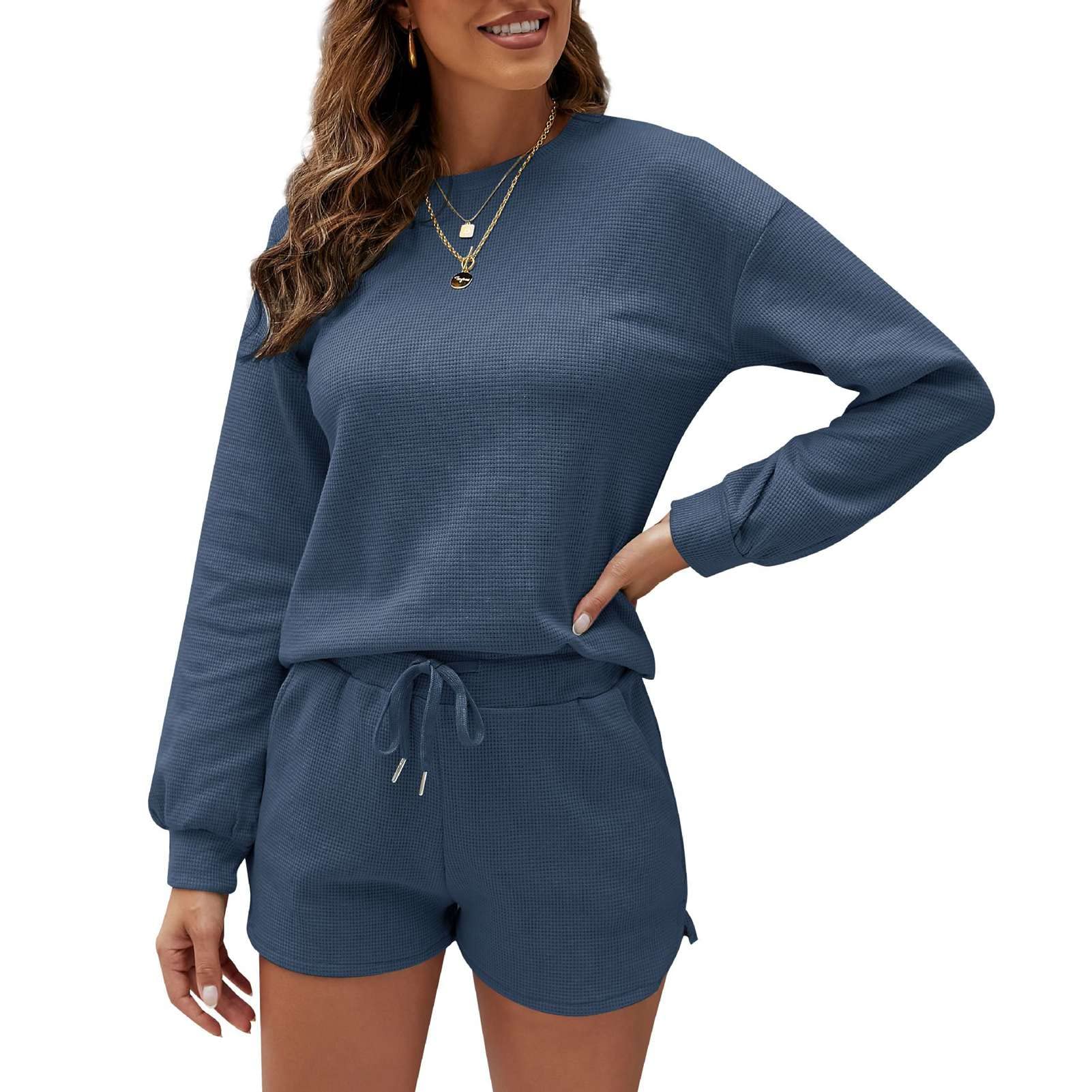 Women's Waffle Knit Lounge Pajama Set - Long Sleeve Top & Shorts Pullover Nightwear - Comfy Sleepwear & Athletic Tracksuits for Women (XL, Navy Blue) - Perfect for Lounging, Sleeping & Home Workouts