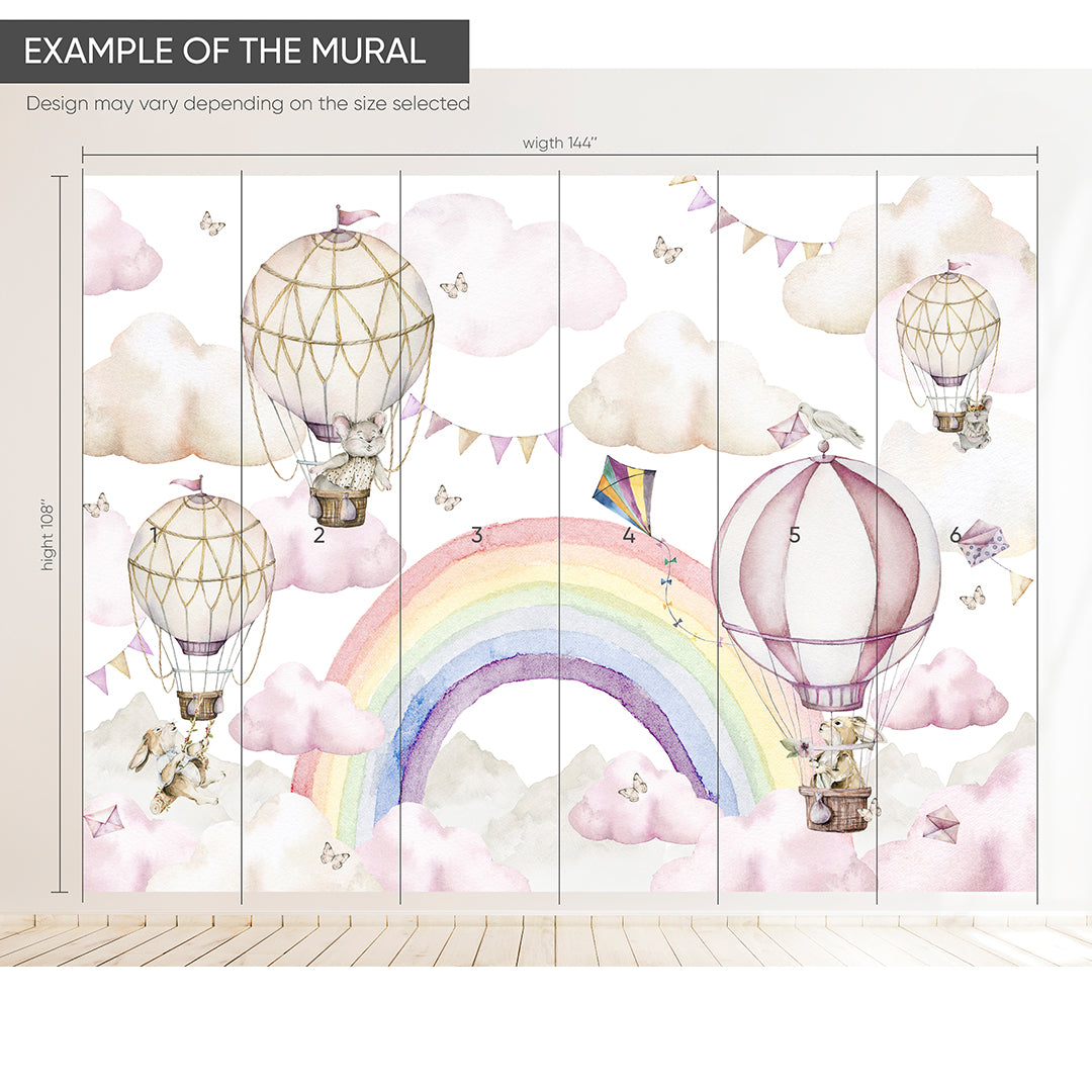 Rainbow & Hot Air Balloons Wall Mural WM065 - Colorful Kids Room Decor, Nursery Wallpaper, Playroom Decal - Perfect for Bedroom, Classroom & Play Area