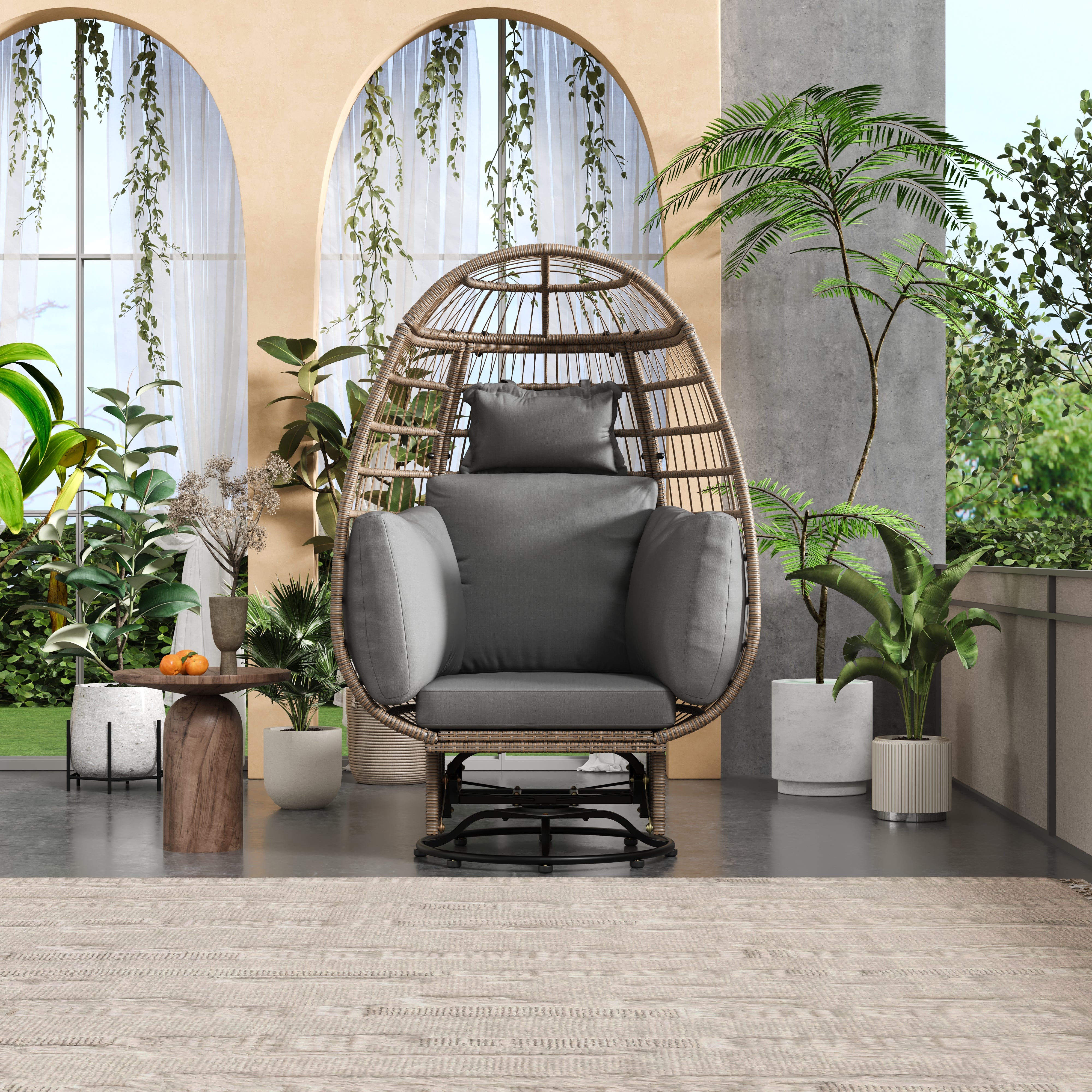 Outdoor Swivel Rocking Chair with Cushions - Rattan Egg Patio Chair for Balcony, Poolside, Garden - Perfect for Relaxing, Lounging & Sunbathing