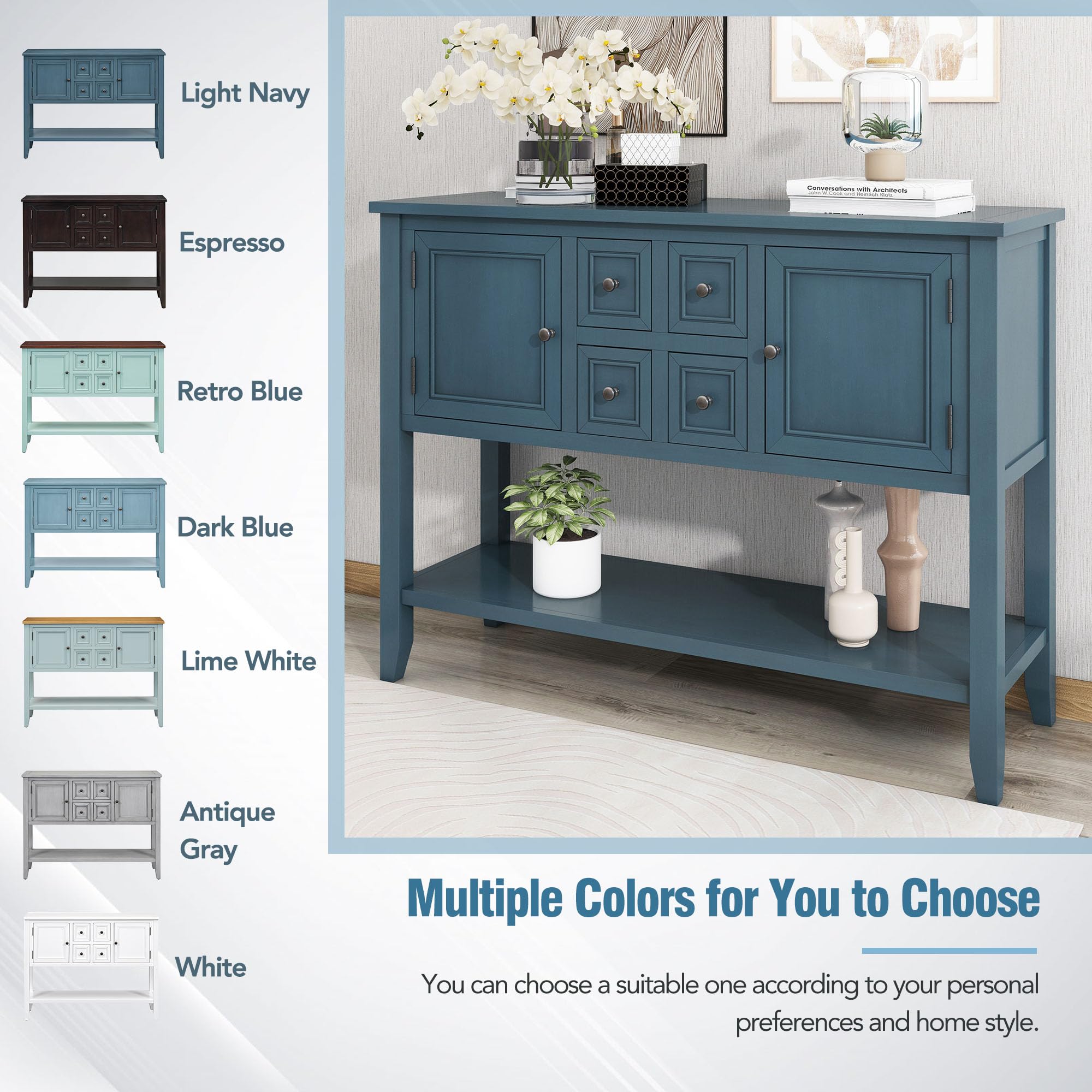 Harper & Bright Designs Buffet Cabinet - Antique Navy Kitchen Storage Sideboard with 4 Drawers, 2 Cabinets & Bottom Shelf | Perfect for Dining Room, Living Room & Entryway Storage