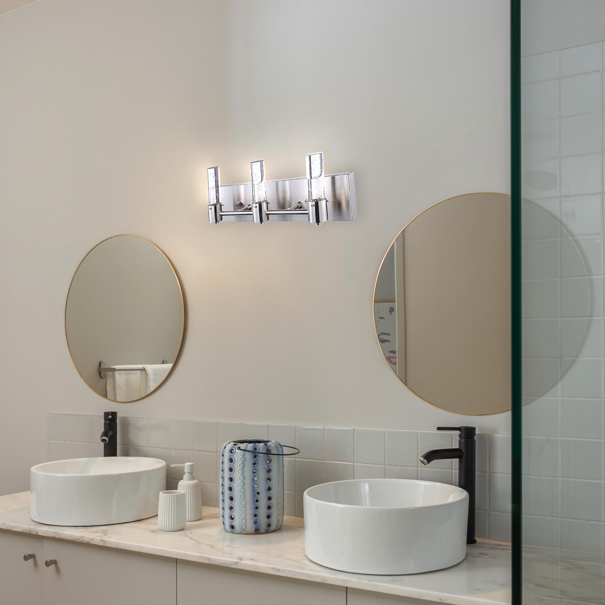 Modern Brushed Nickel Vanity Light - 3-Light LED Wall Sconce with Crystal Bubble Glass, 4000K Natural White - Perfect for Bathroom Mirror, Hallway, Bedroom Lighting