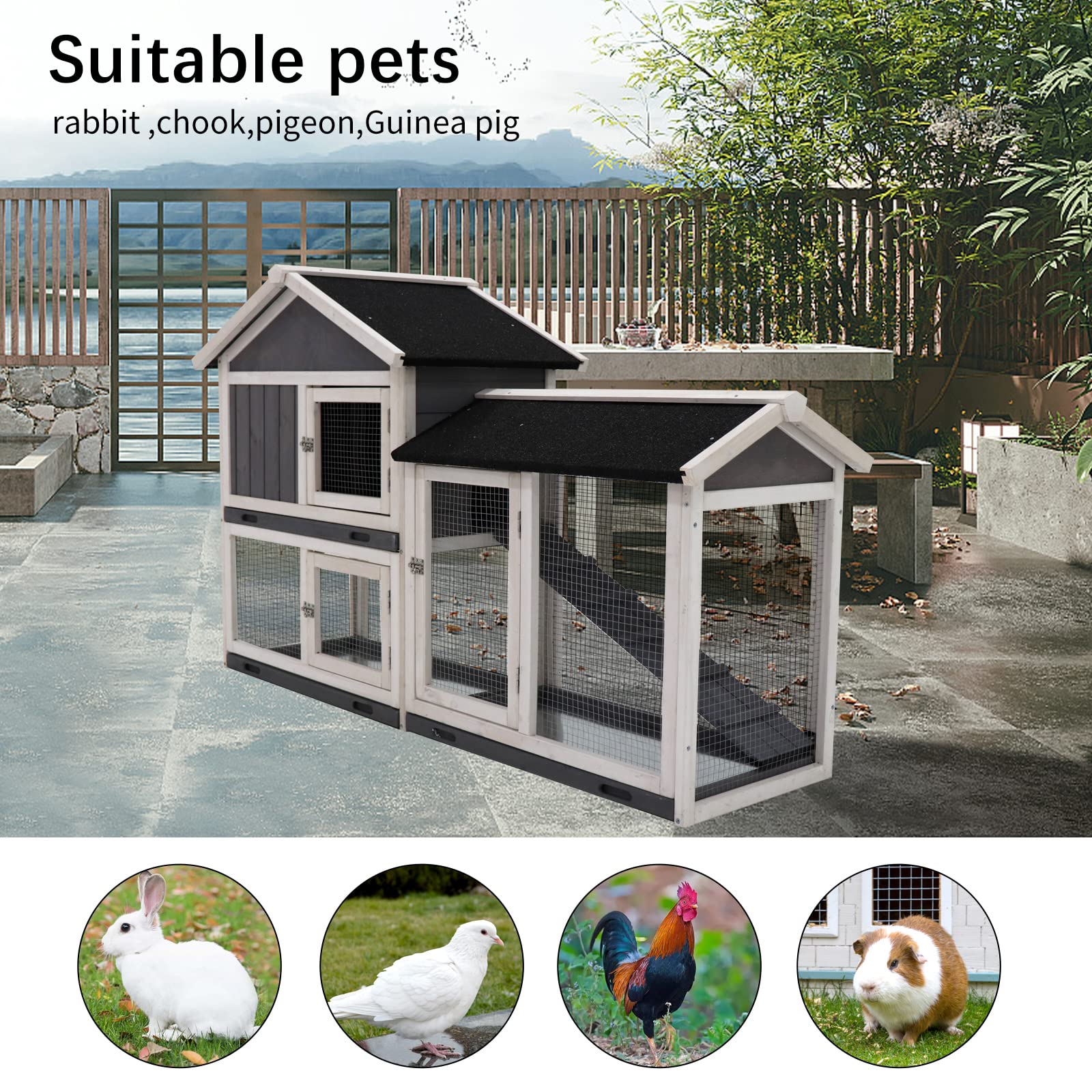 Premium Large Wooden Rabbit Hutch Cage - Indoor/Outdoor Bunny House with Removable Trays & UV Panel - Guinea Pig/Chicken Coop for Small Pets (Black) - Perfect for Backyard, Garden, or Patio Use