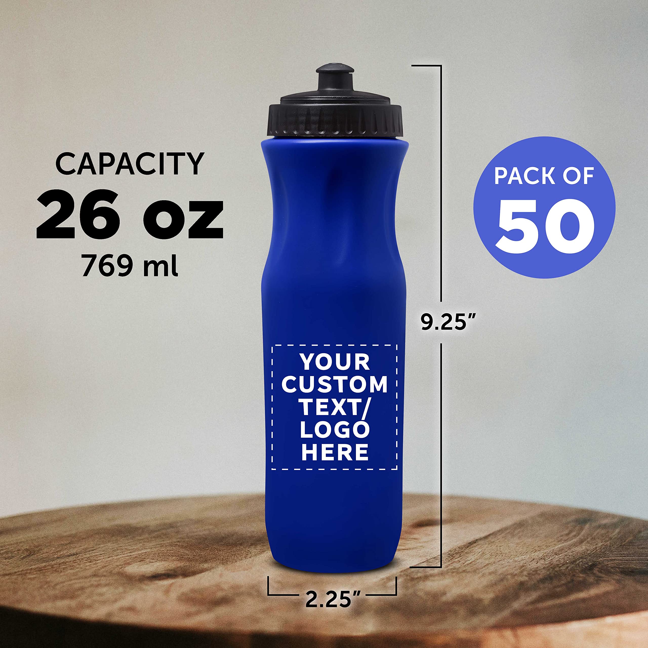 50 Pack 26 oz Customizable Plastic Water Bottles with Black Push Top Lid - Bulk Reusable Water Bottles for Sports, Gym, School & Office - Blue