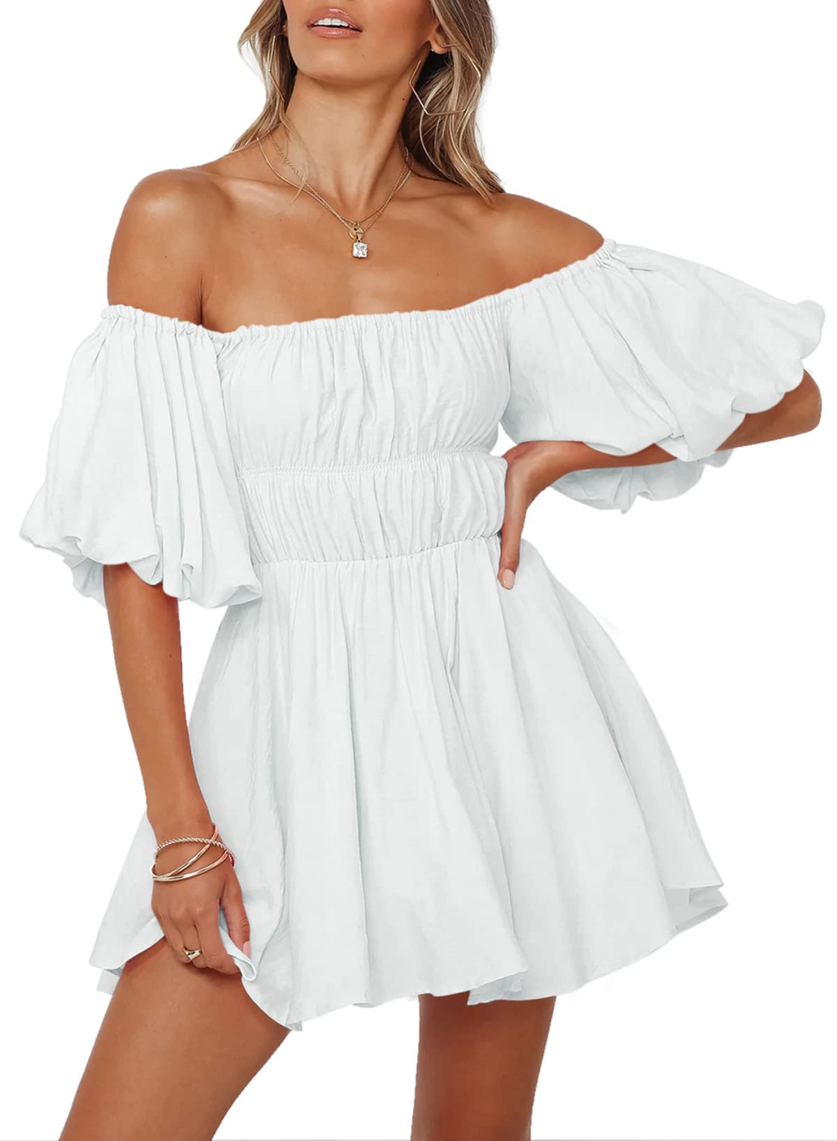 Dokotoo Women's Off Shoulder Summer Dress 2025 - Short Lantern Sleeve, Ruffle Trim, Elastic Waist A-Line Mini Dress for Beach, Vacation & Casual Outings