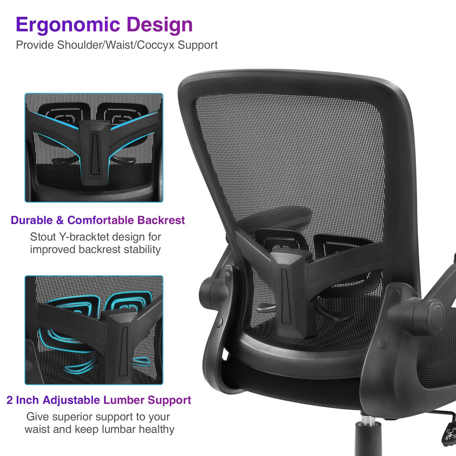 Ergonomic Office Chair with Adjustable Height & Lumbar Support - High Back Mesh Computer Chair with Flip-Up Armrests for Home Office - 300lb Weight Capacity - Perfect for Long Work Hours & Gaming Sessions