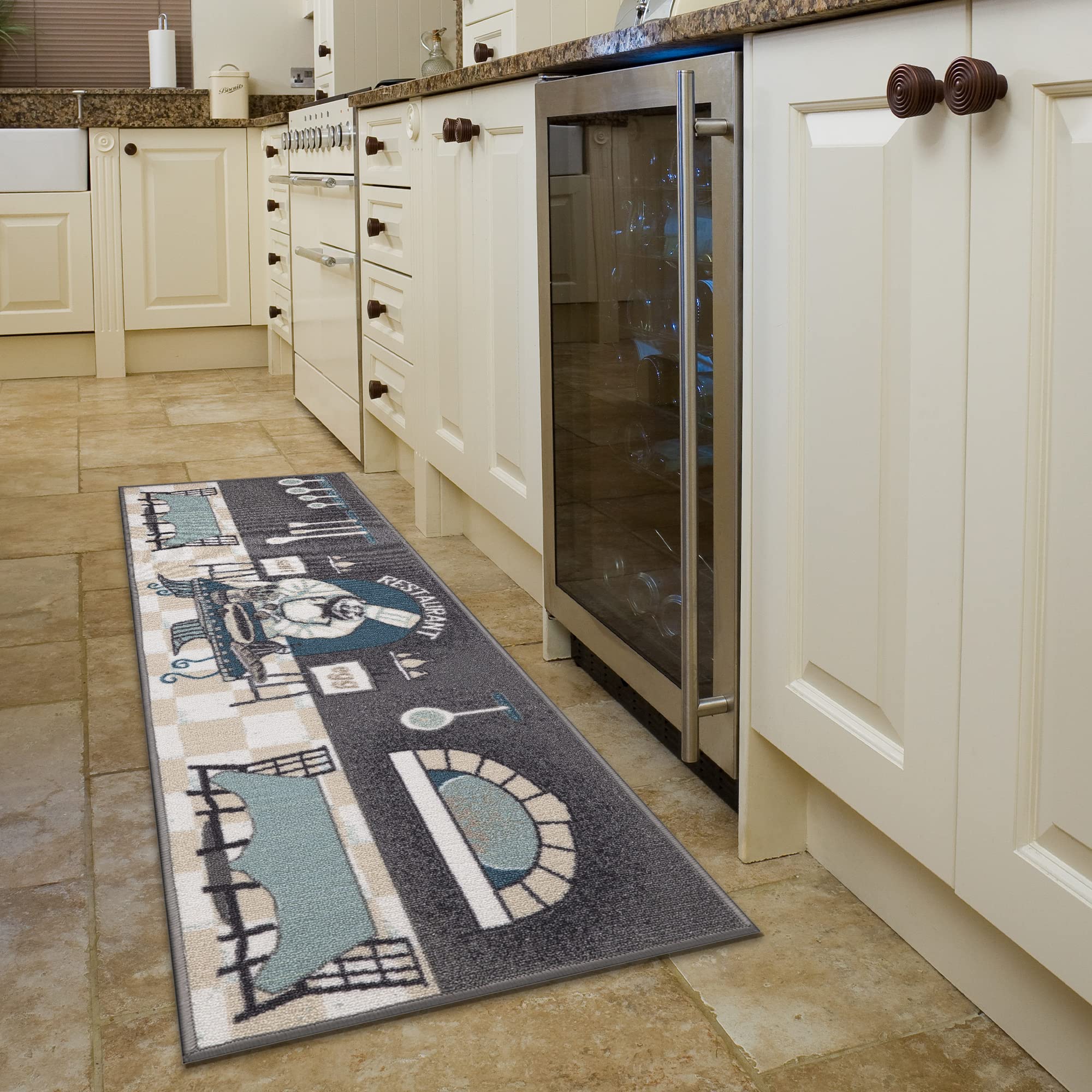 Ottomanson Non-Slip Kitchen Runner Rug 2x5 Feet, Gray Chef Design Rubber Back Mat for Safety - Perfect for Kitchens, Restaurants & Food Service Areas