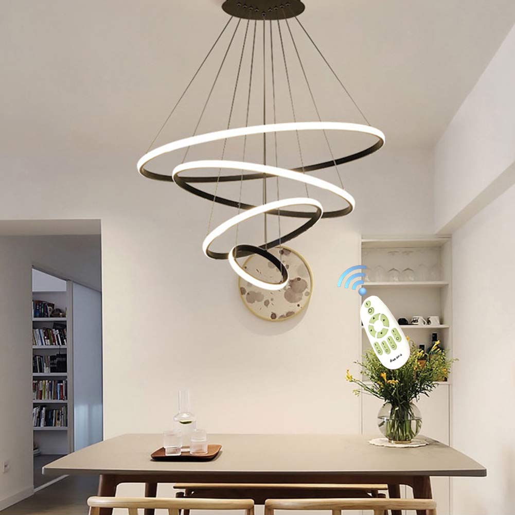 HOUDES Modern 2/3/4-Ring LED Chandelier - Dimmable Contemporary Ceiling Light Fixture with Adjustable Color Temperature (3500K-6000K), UL Listed - Perfect for Dining Room, Living Room, Bedroom, and Entryway Lighting (Black, 20cm/40cm/60cm/80cm)