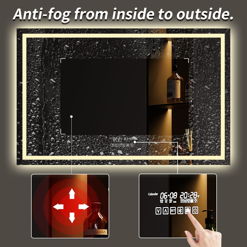 GESIPOR 40x32 Inch LED Bathroom Mirror with Wireless Speaker, Dimmable Backlit Vanity Mirror - Wall Mounted Anti-Fog Smart Mirror with 3000K/6000K Lighting for Makeup & Shaving (Horizontal) | Perfect for Modern Bathrooms, Dressing Rooms & Vanity Areas