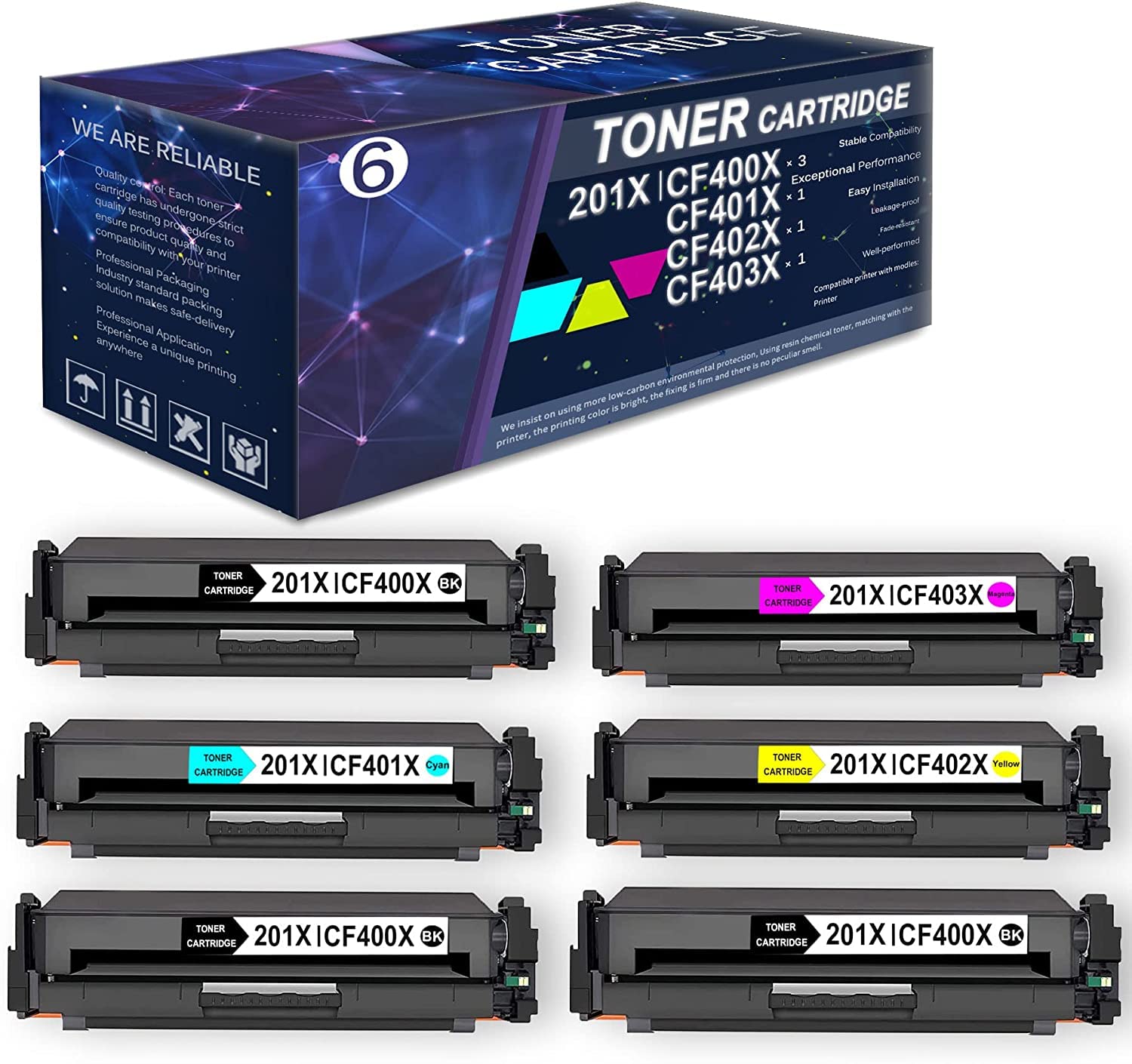(6 Pack) High Yield Toner Cartridge Replacement for HP Color Pro M252dw M252n MFP M277n MFP M277dw MFP M277c6 MFP M274n - 3 Black, 1 Cyan, 1 Yellow, 1 Magenta | Compatible with CF400X CF401X CF402X CF403X | Perfect for Home Office & Small Business Printing