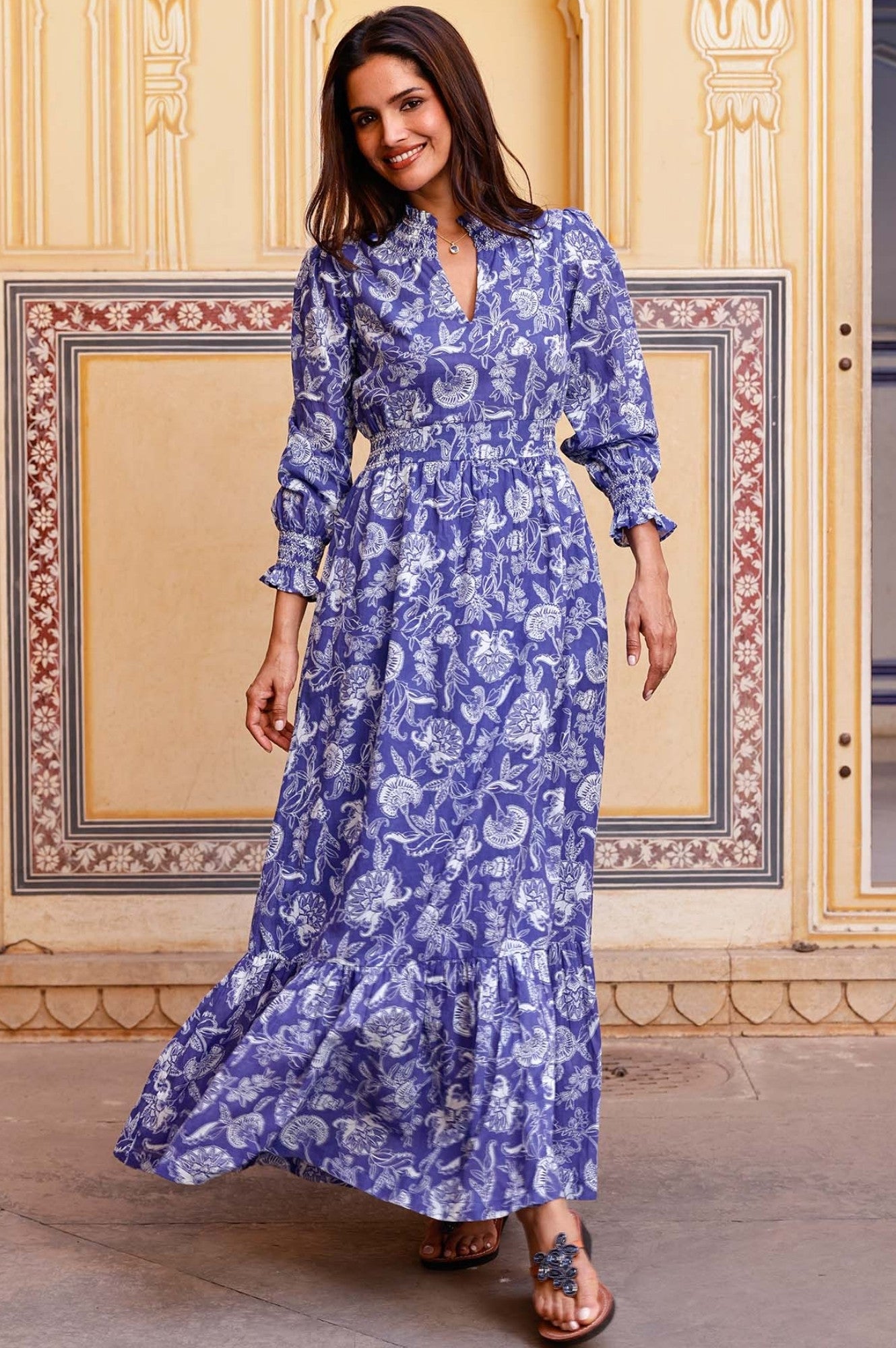 Emmeline Organic Cotton Maxi Dress - Camelia Cobalt/White | Flowy Bohemian Summer Dress for Beach, Vacation & Casual Wear