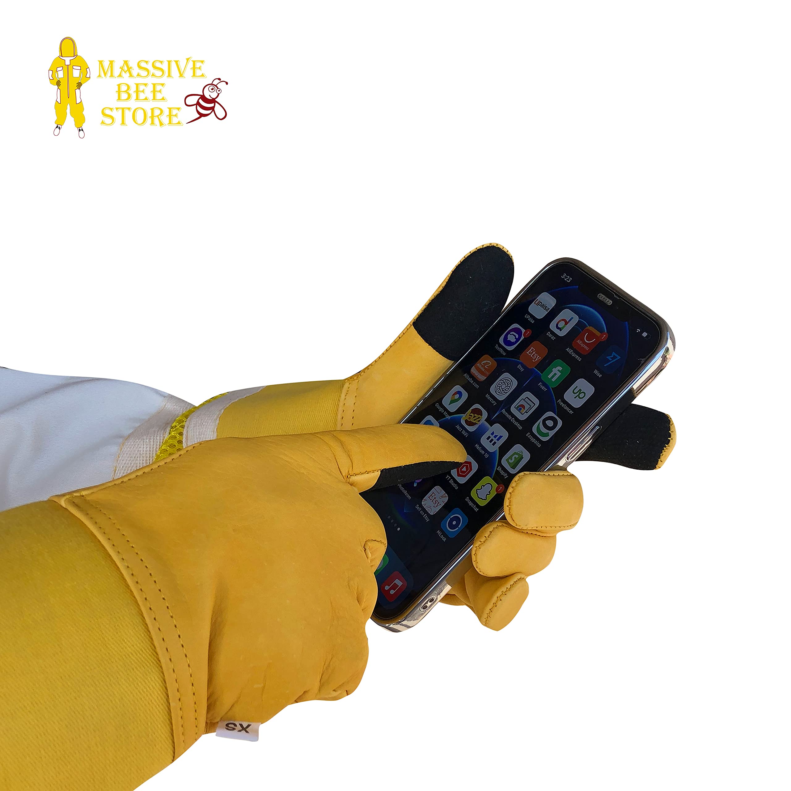 **Beekeeping Gloves - Ventilated Cowhide Leather with Yellow Rubber Cuff & Mesh - Durable Protection for Beekeepers - Perfect for Hive Inspections & Honey Harvesting**
