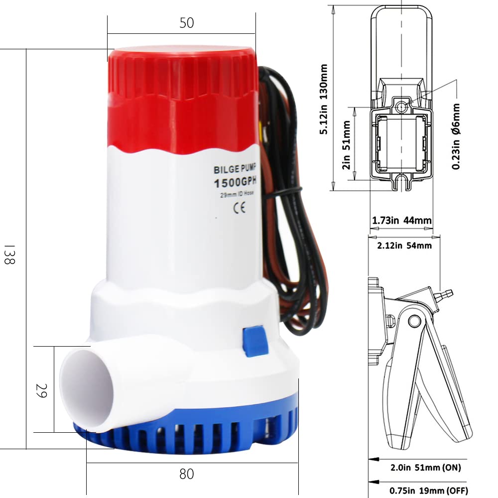 MAKERELE 12V 1500GPH Low Noise Electric Bilge Pump - Non-Automatic Water Pump for Boat, RV, Pool, Yacht & Water Tank | Heavy Duty Marine & Outdoor Use